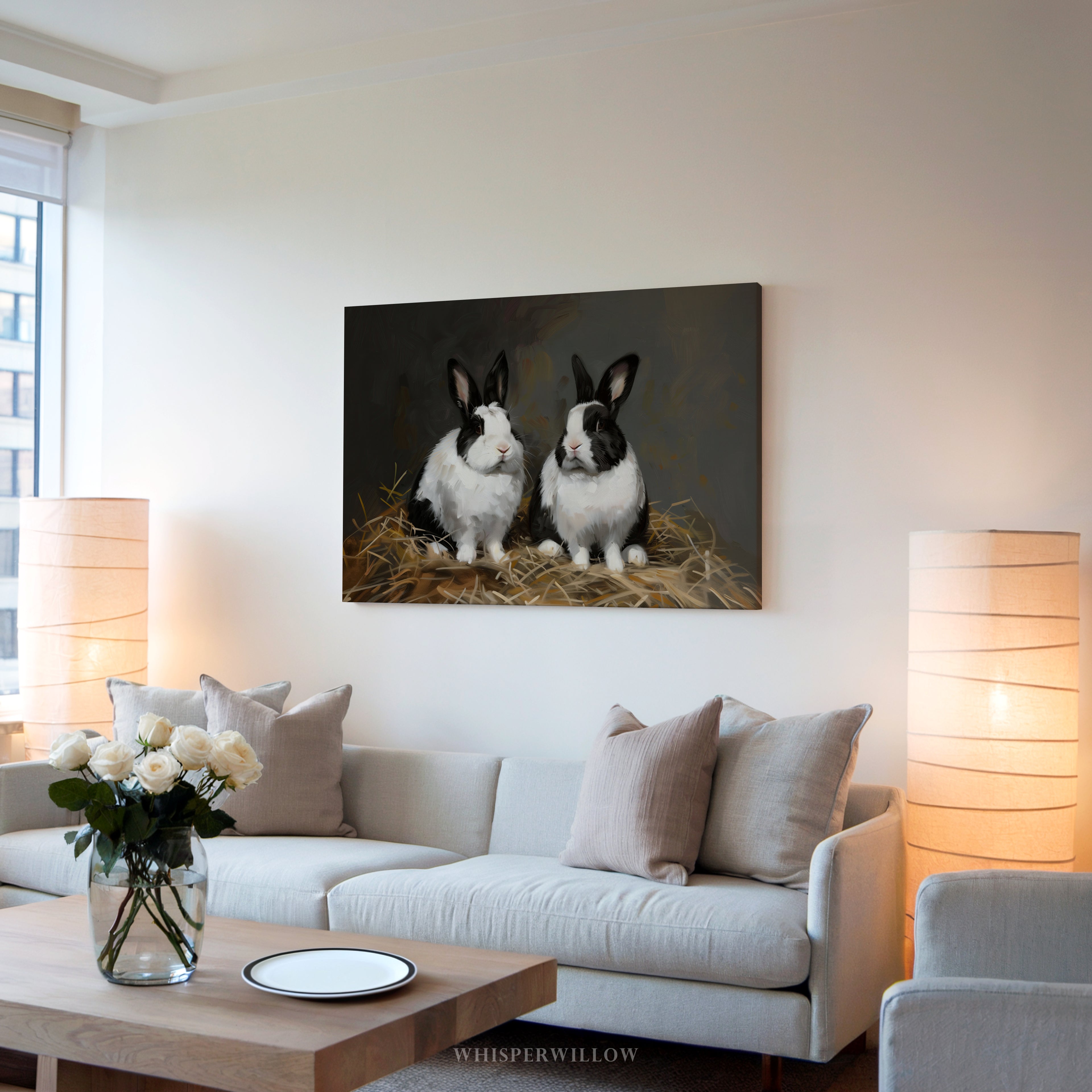 Leinwandbild mit schwarz-weißem Kaninchen – Rustikales Frühlingsmotiv im Landhausstil mit holländischem Hasenmotiv