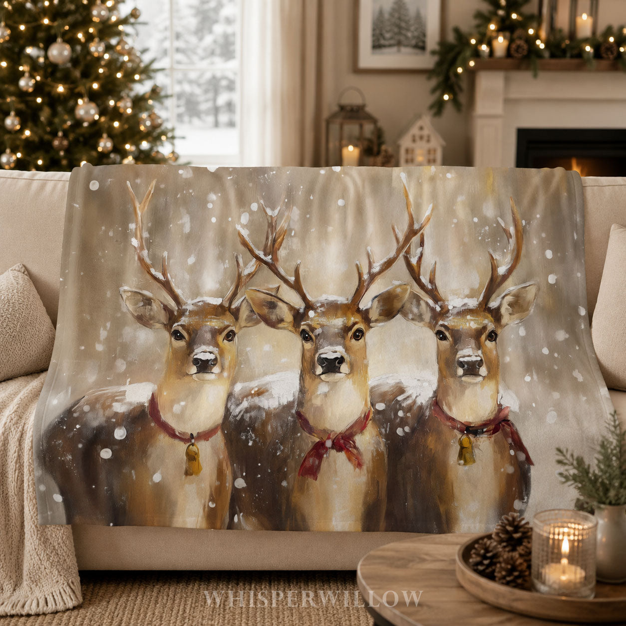 Snowy Reindeer Trio Plush Throw Blanket | Festive Woodland Christmas Lodge Cozy Holiday Decor Gift | Rustic Winter Animal Bells by WhisperWillow Studios