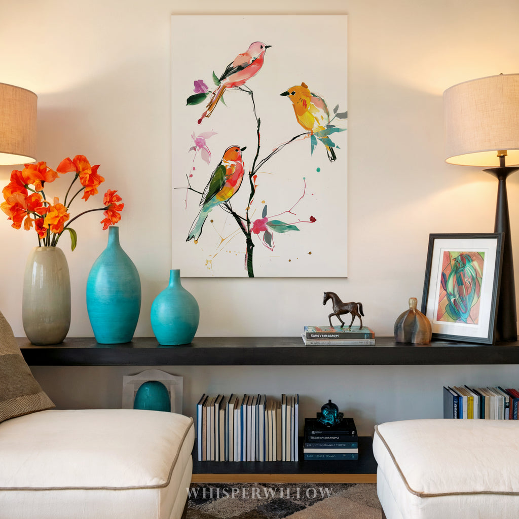 Farbenfrohe Singvogel-Leinwandbilder – Lebendige Aquarellvögel auf einem verspielten Ast