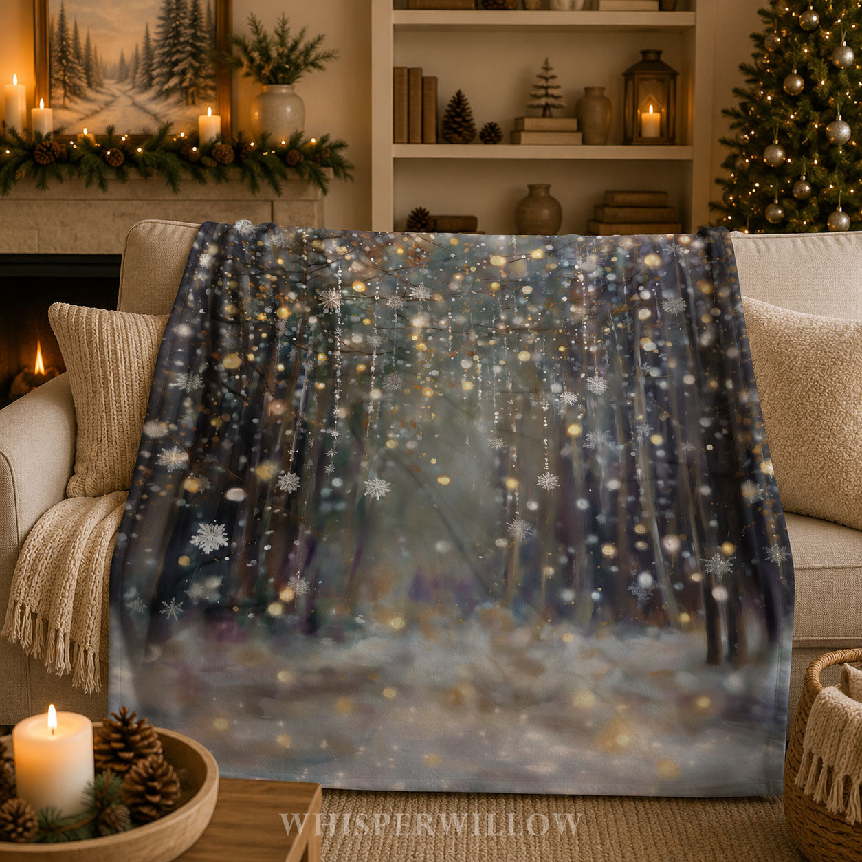 Winter Forest Snowflake Plush Throw Blanket | Glitter Look Woodland Holiday Cozy Shimmer Neutral Christmas Decor Gift