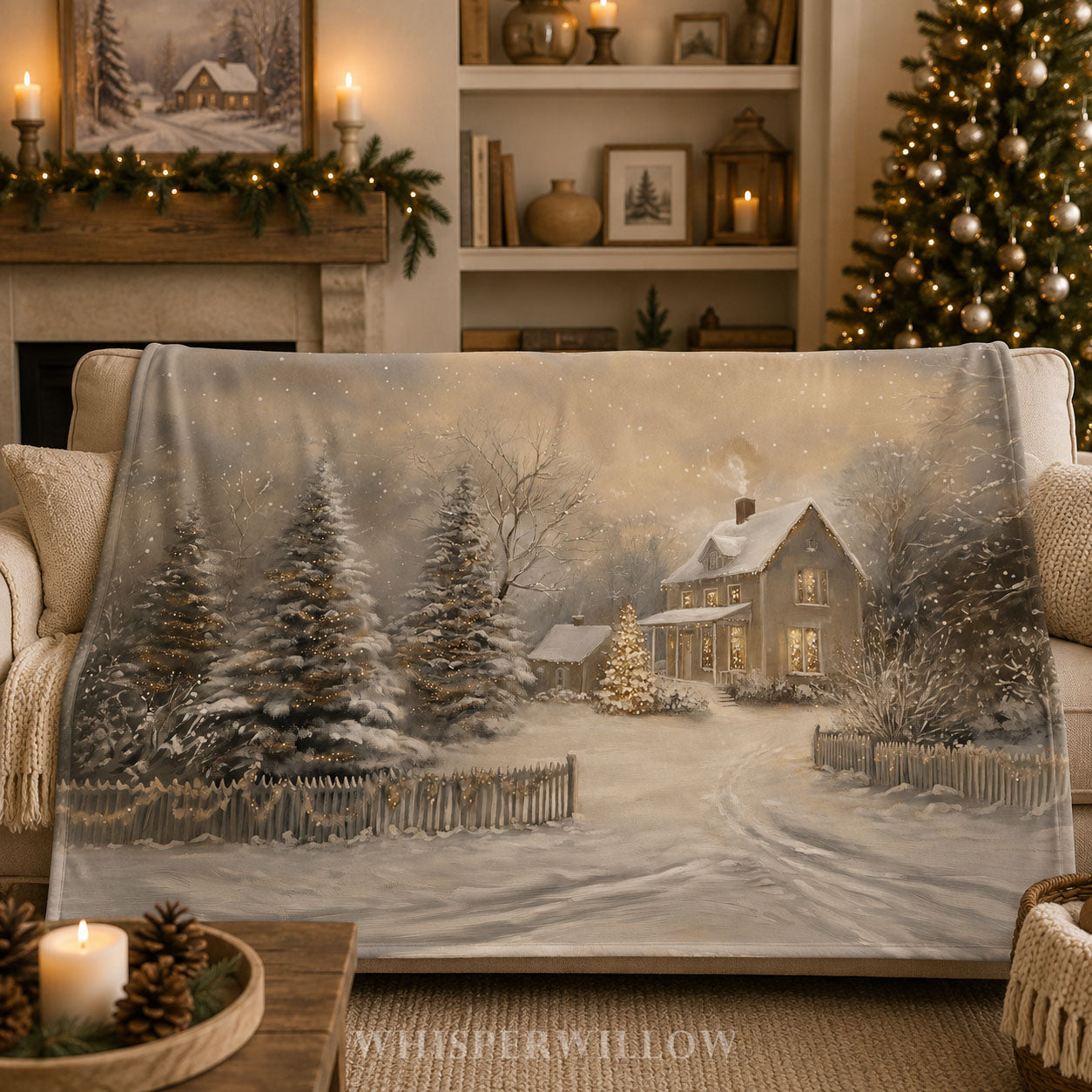 Enchanted Winter Cottage Throw Blanket - Christmas Lights Snowy Forest Gift by WhisperWillow Studios