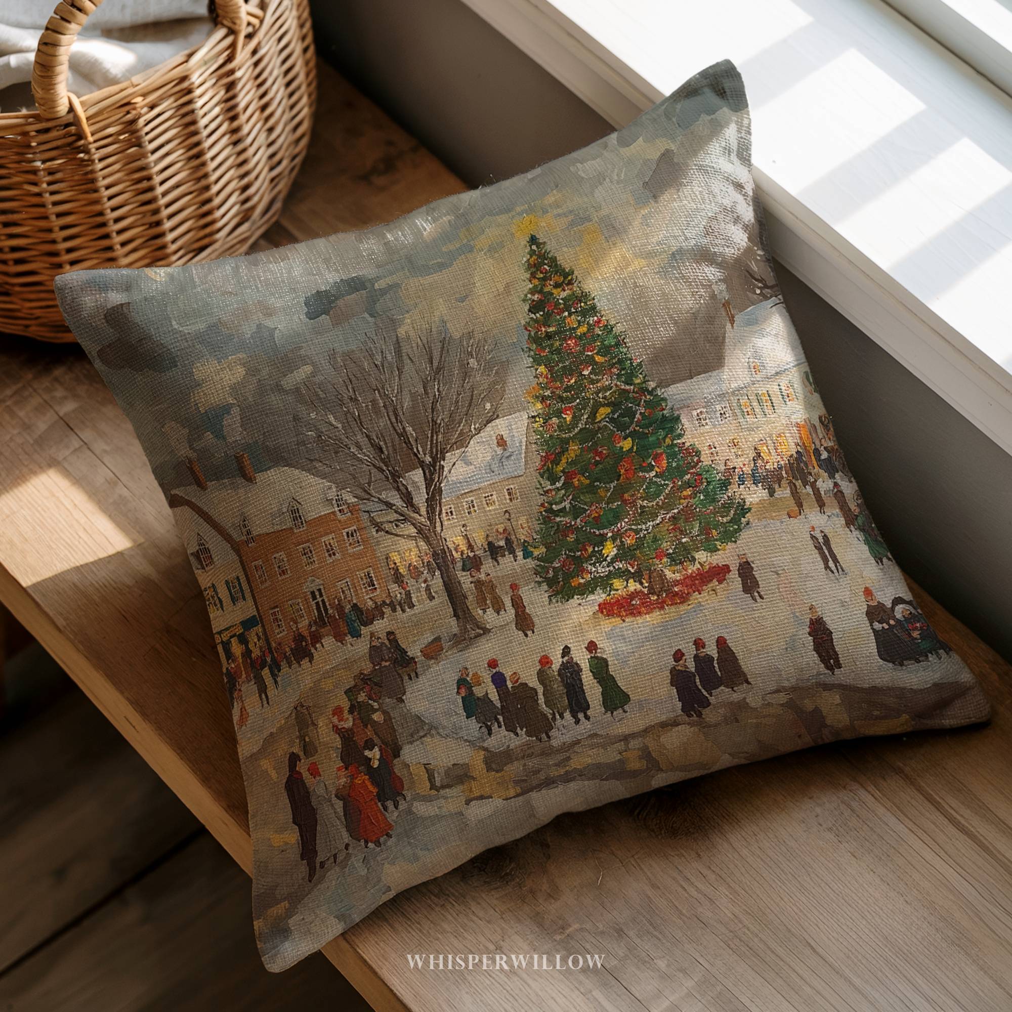 Festliches Dekokissen – Kissen mit Winterdorf-Weihnachtsbaum