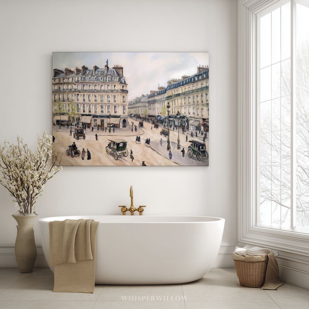 Vintage Paris City Scene Canvas Wall Art - Old European Carriages 1880s Street Shops