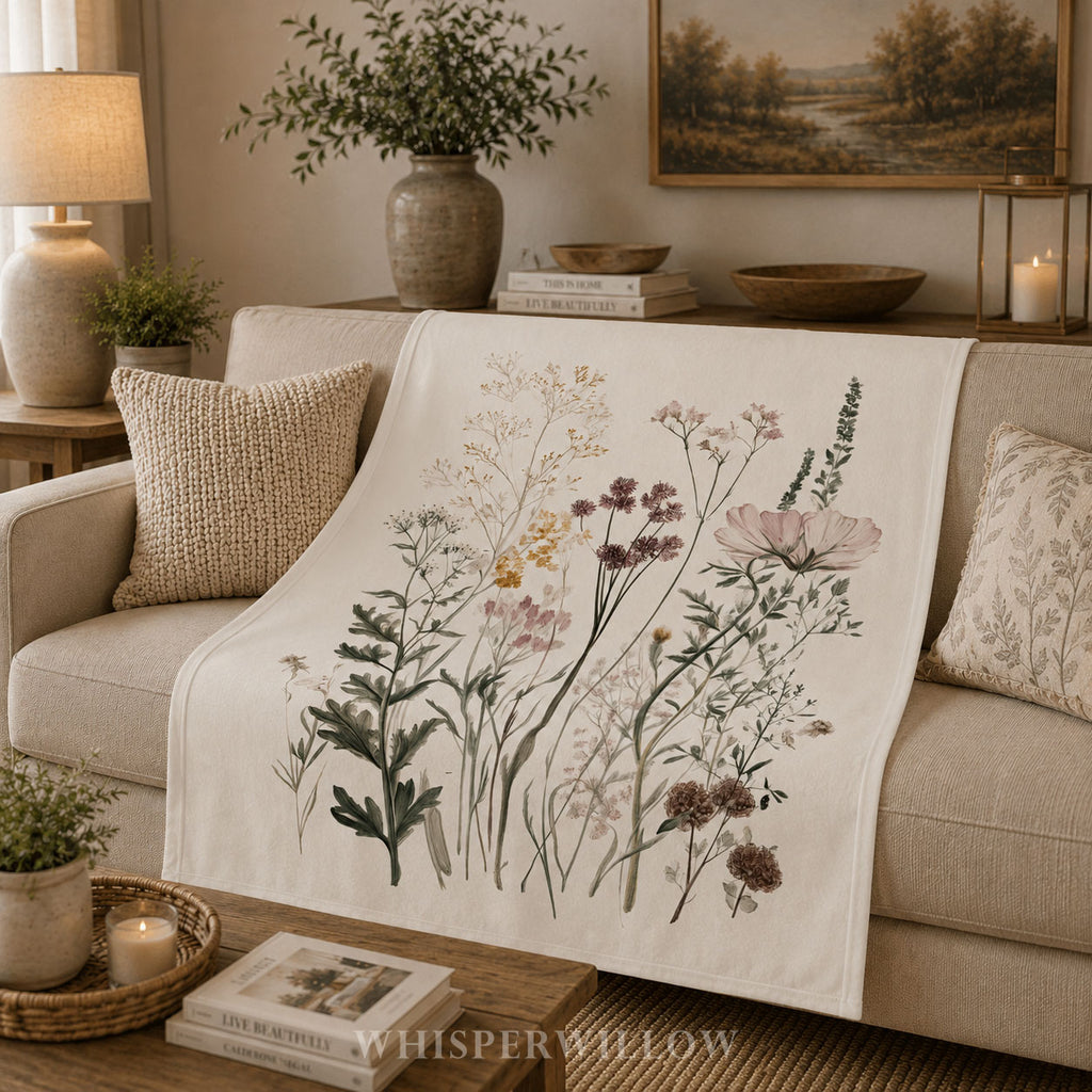 Wildflower Botanical Plush Throw Blanket | Vintage Meadow Floral Cottagecore | Neutral Garden Decor Gift