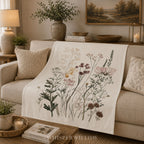 Wildflower Botanical Plush Throw Blanket | Vintage Meadow Floral Cottagecore | Neutral Garden Decor Gift