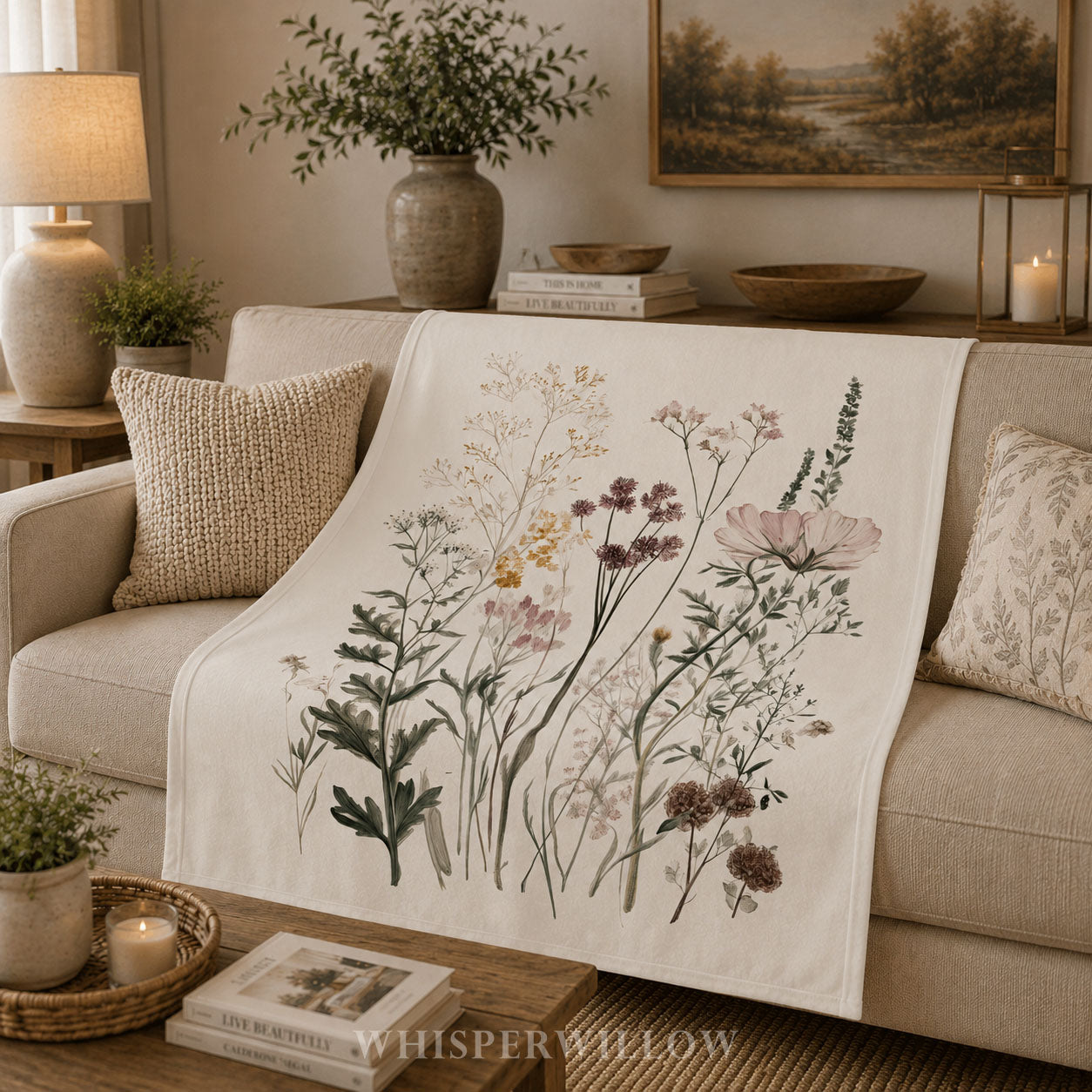 Wildflower Botanical Plush Throw Blanket | Vintage Meadow Floral Cottagecore | Neutral Garden Decor Gift