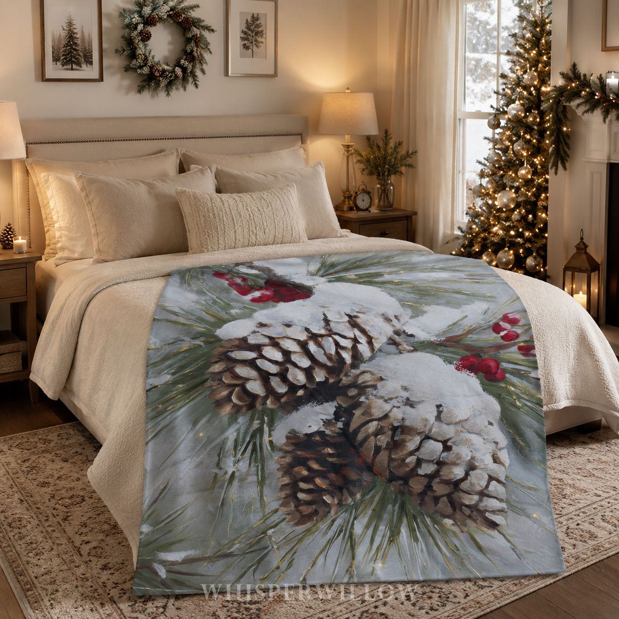 Snowy Pinecone Throw Blanket - Evergreen Red Berry Winter Gift