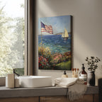 Leinwandbild mit Küstenmotiv | Segelboot mit amerikanischer Flagge | Patriotisches maritimes Deko-Geschenk