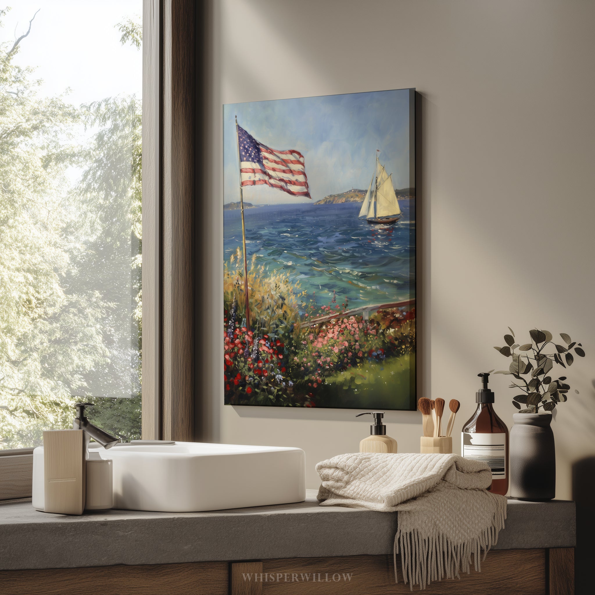 Leinwandbild mit Küstenmotiv | Segelboot mit amerikanischer Flagge | Patriotisches maritimes Deko-Geschenk