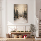 Leinwandbild Winterwald mit Lichterketten | Verschneite Kiefernwaldszene | Rustikale Weihnachtsdeko