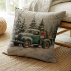 Vintage Christmas Truck Throw Pillow - Holiday Snowy Forest Cushion