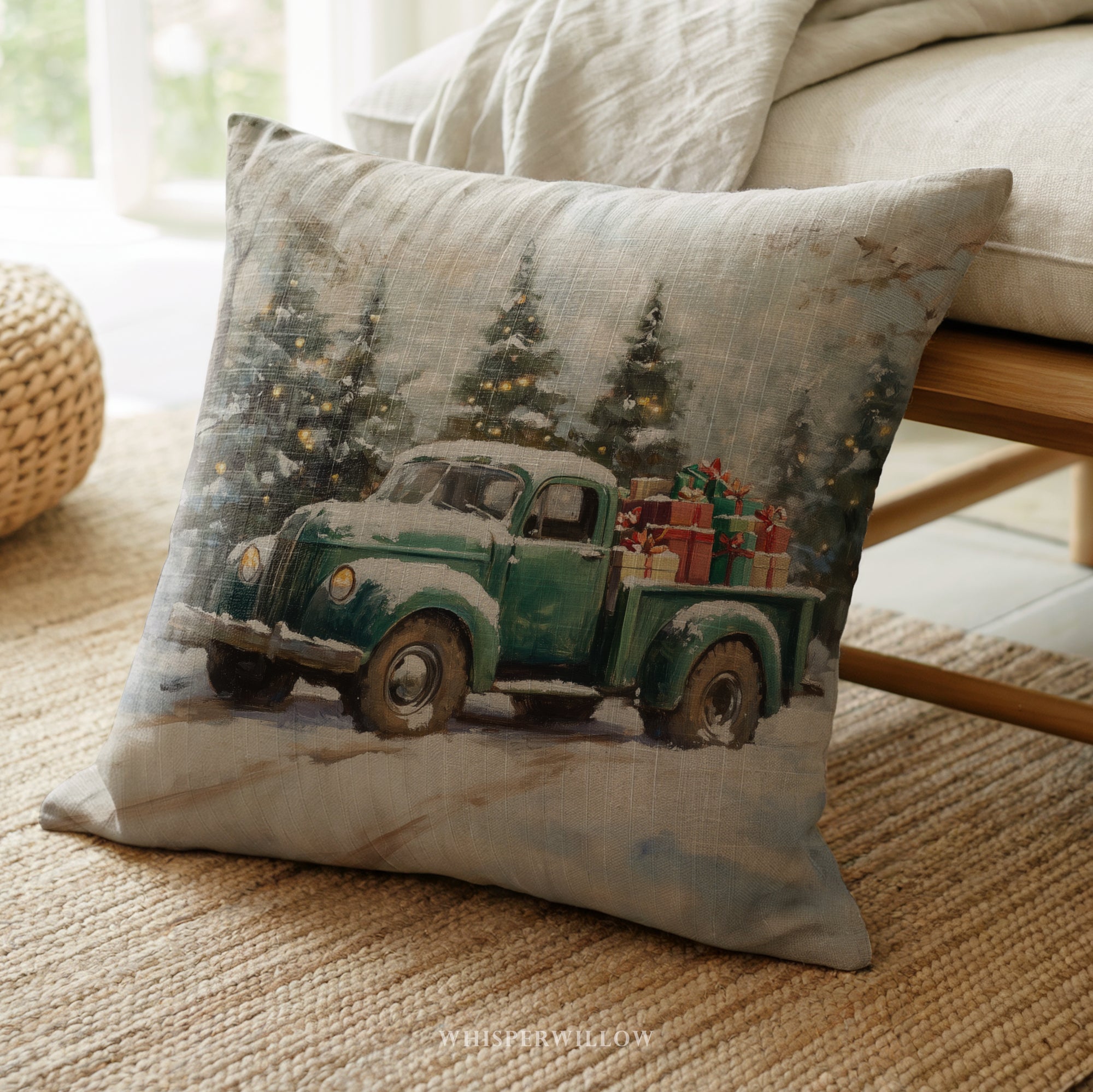 Vintage Christmas Truck Throw Pillow - Holiday Snowy Forest Cushion