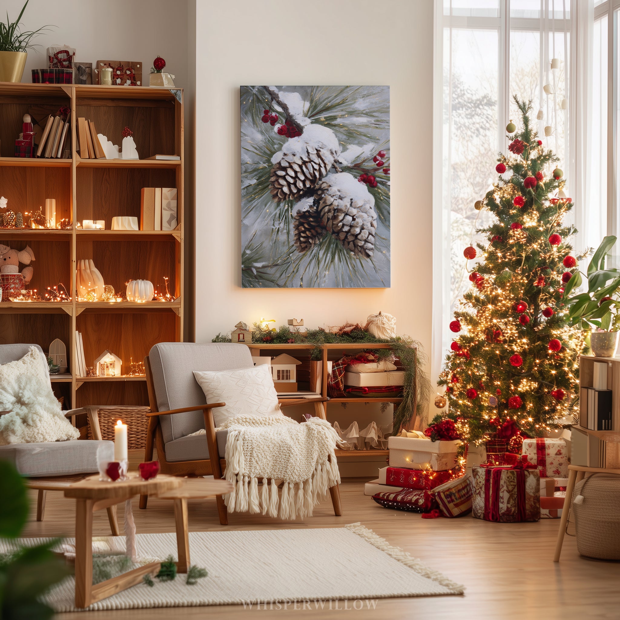 Leinwandbild mit verschneiten Kiefernzapfen – Winterliche rote Beeren, rustikale Weihnachtsdekoration im Waldstil