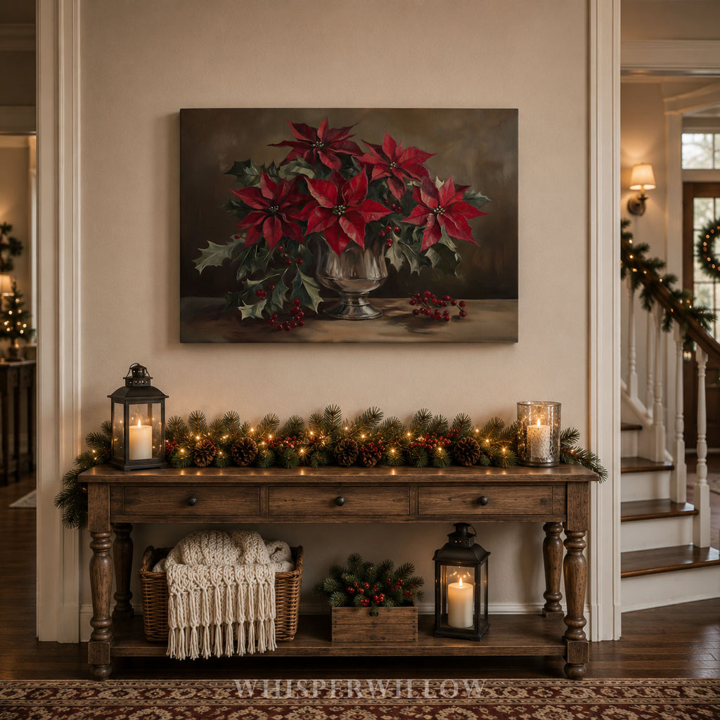 Weihnachtliches Leinwandbild | Roter Weihnachtsstern in silberner Vase | Botanische Winterdeko – Geschenkidee für Zuhause
