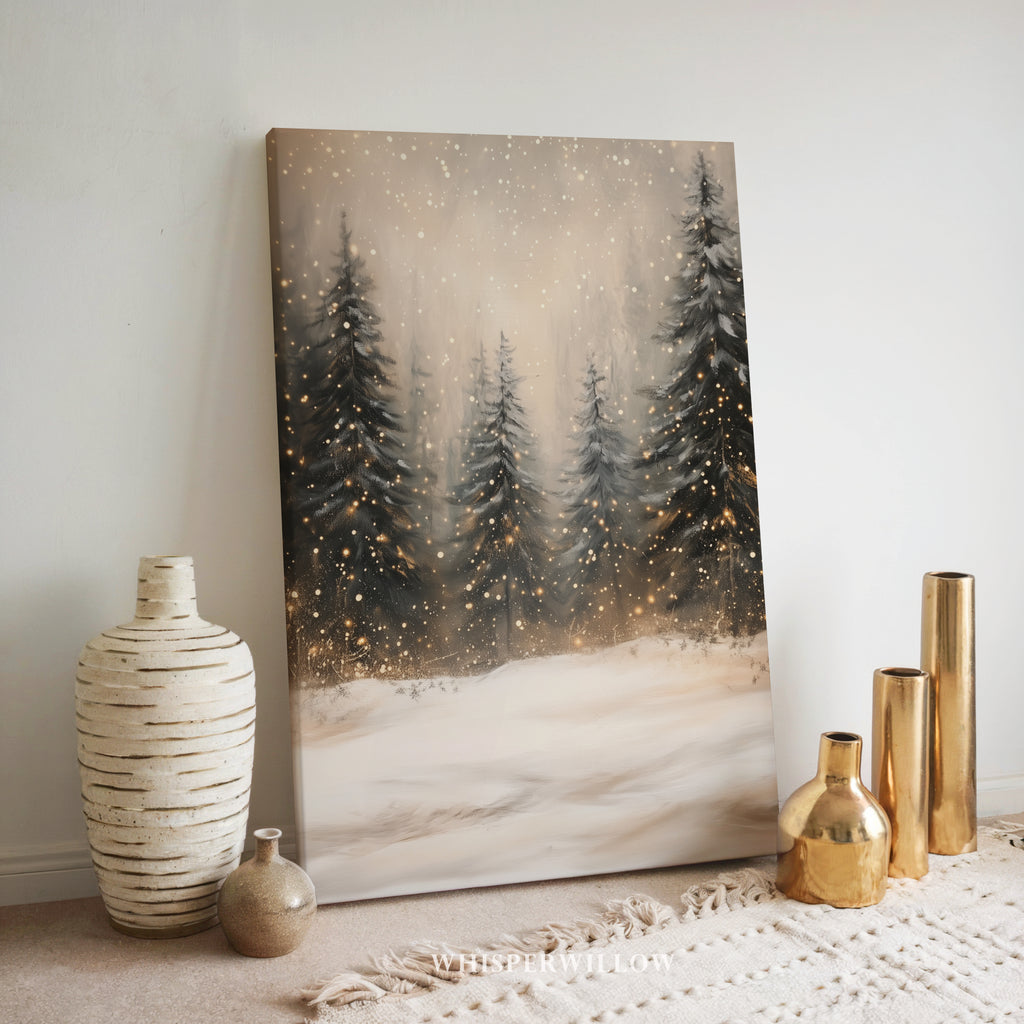 Winterliches Leinwandbild | Verschneiter Kiefernwald mit funkelnden Lichtern | Gemütliche, rustikale Weihnachtsdeko – das perfekte Geschenk für Ihr Zuhause