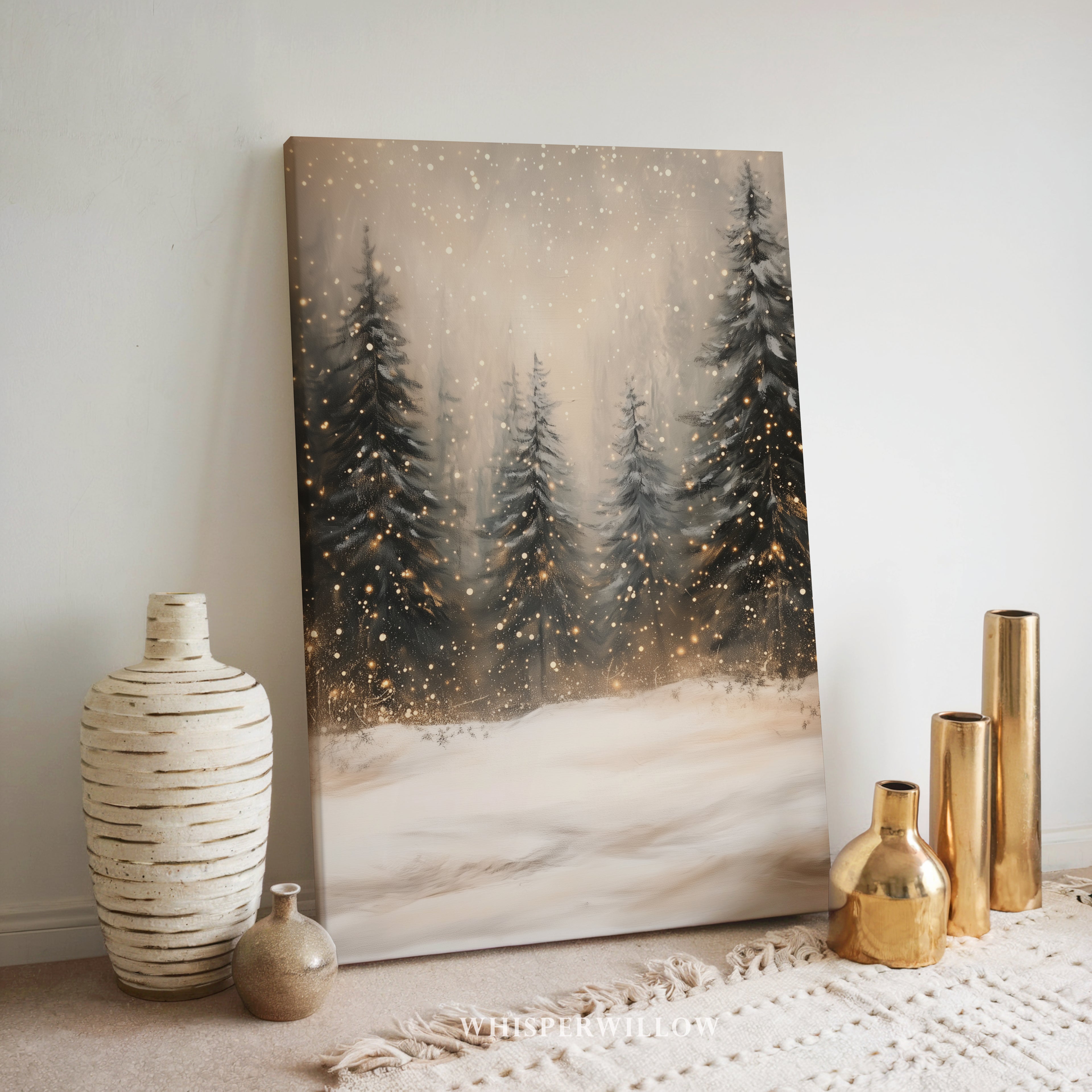 Winterliches Leinwandbild | Verschneiter Kiefernwald mit funkelnden Lichtern | Gemütliche, rustikale Weihnachtsdeko – das perfekte Geschenk für Ihr Zuhause