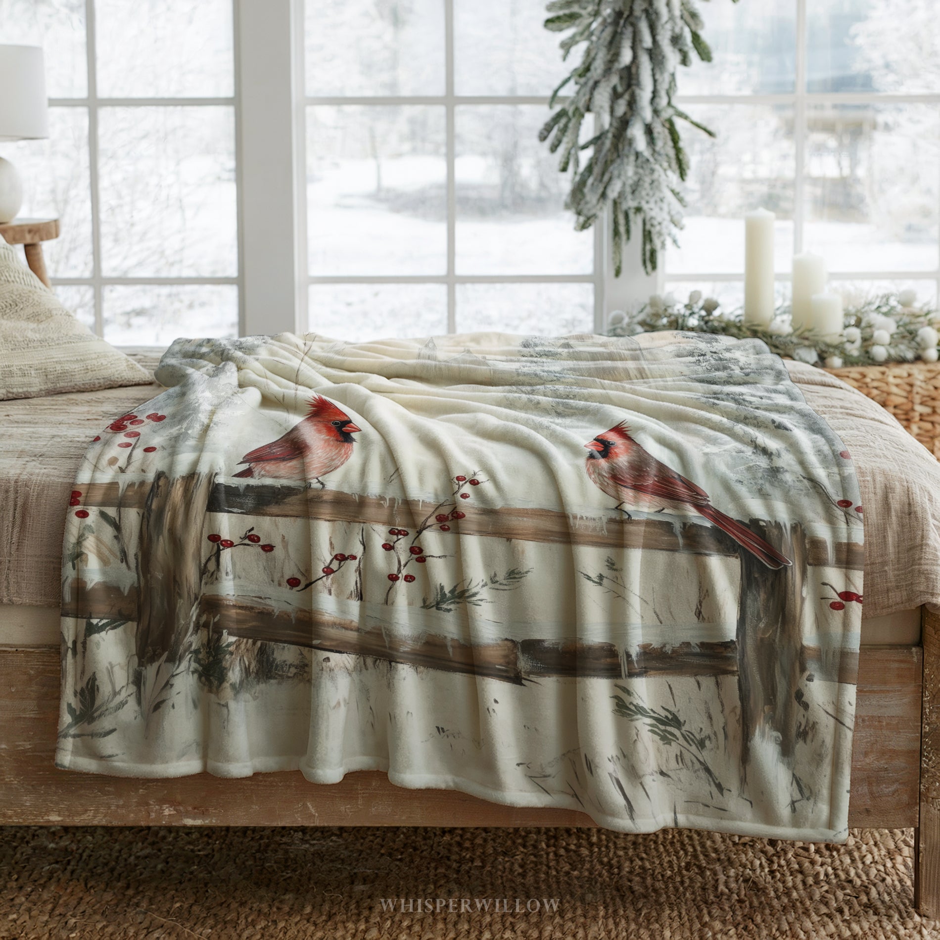 Winter Cardinal Birds Throw Blanket - Snowy Fence Rustic Gift