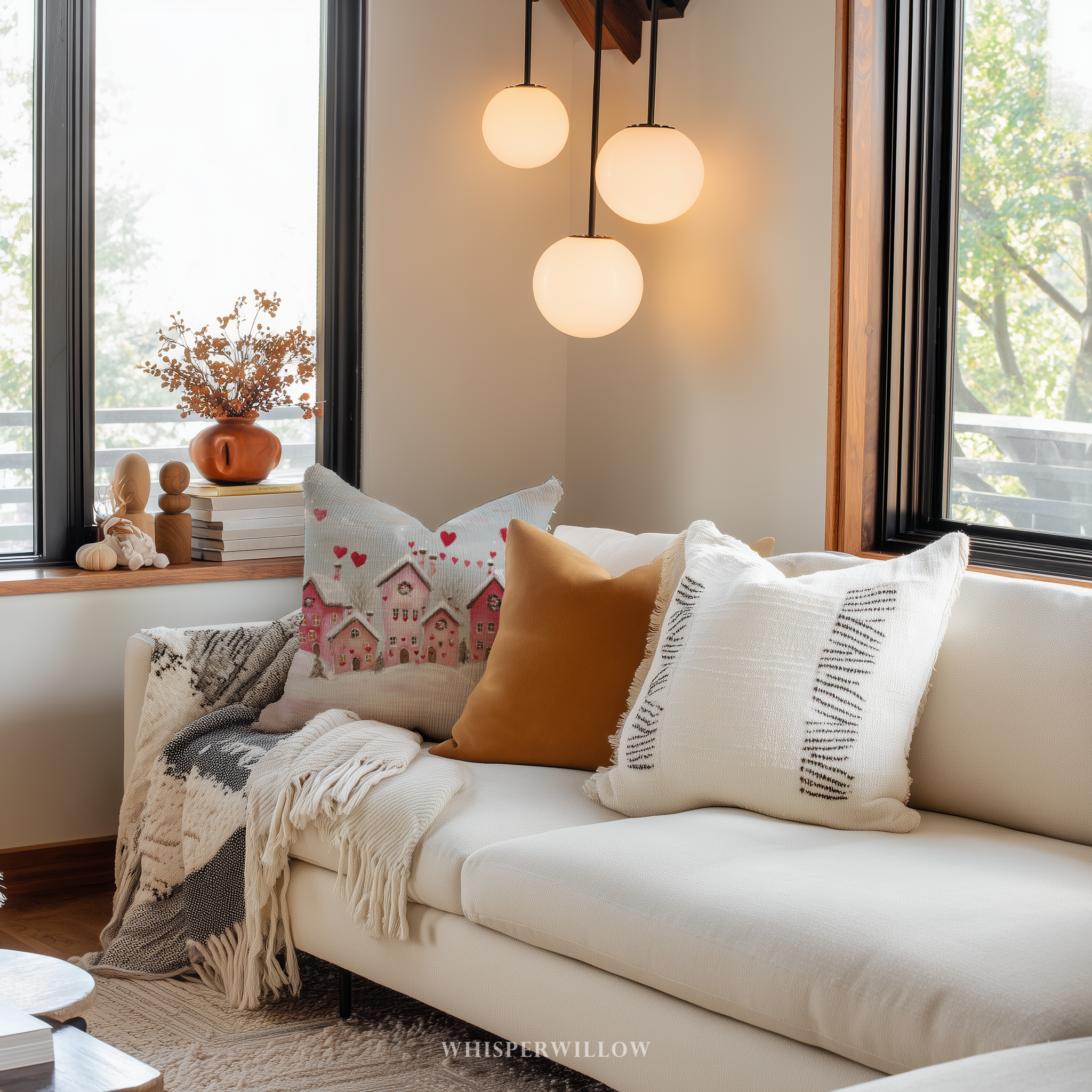 Coussin décoratif Saint-Valentin sur le thème du village d'hiver | Motif maisons en forme de cœur | Coussin cadeau romantique enneigé