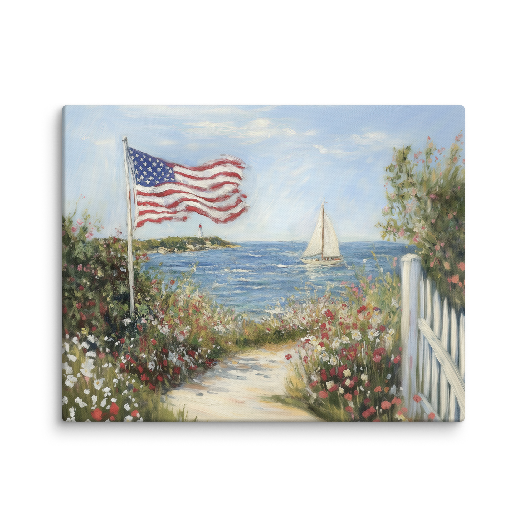 Patriotisches Wandbild im Küstenstil | Segelboot mit amerikanischer Flagge und Leuchtturm | Sommerdeko zum 4. Juli