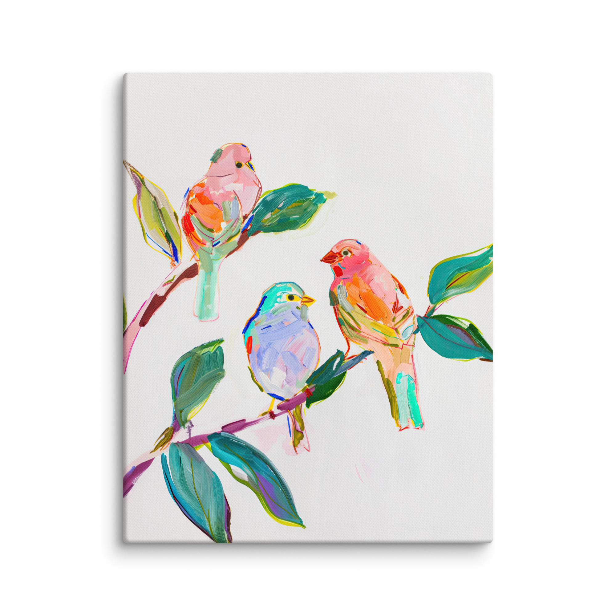 Leinwandbild mit Wildvögeln | Farbenfrohe Singvögel auf einem Ast | Lebendiges Naturdeko-Geschenk