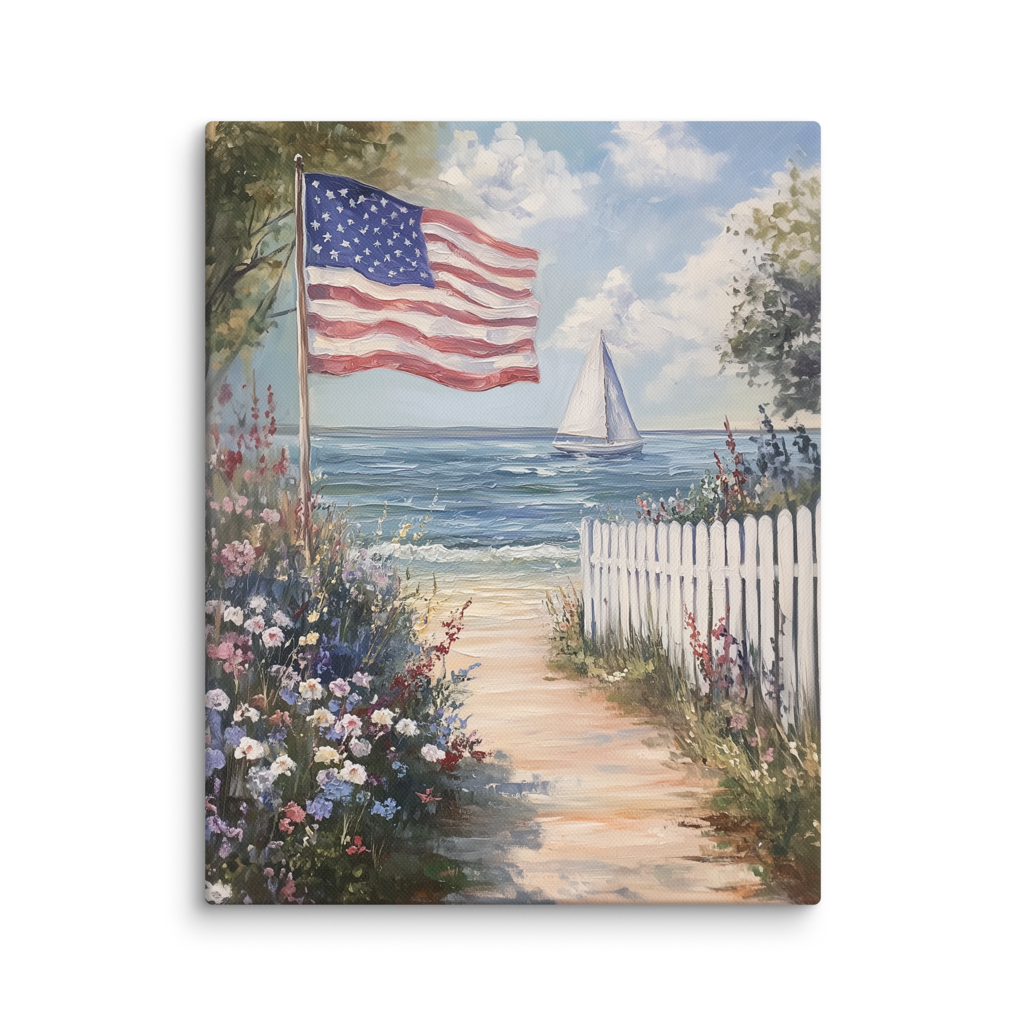 Leinwandbild mit amerikanischer Flagge und Küstenmotiv – Segelboot, patriotische Sommerblume, weißer Lattenzaun, rustikales Strandmotiv zum 4. Juli