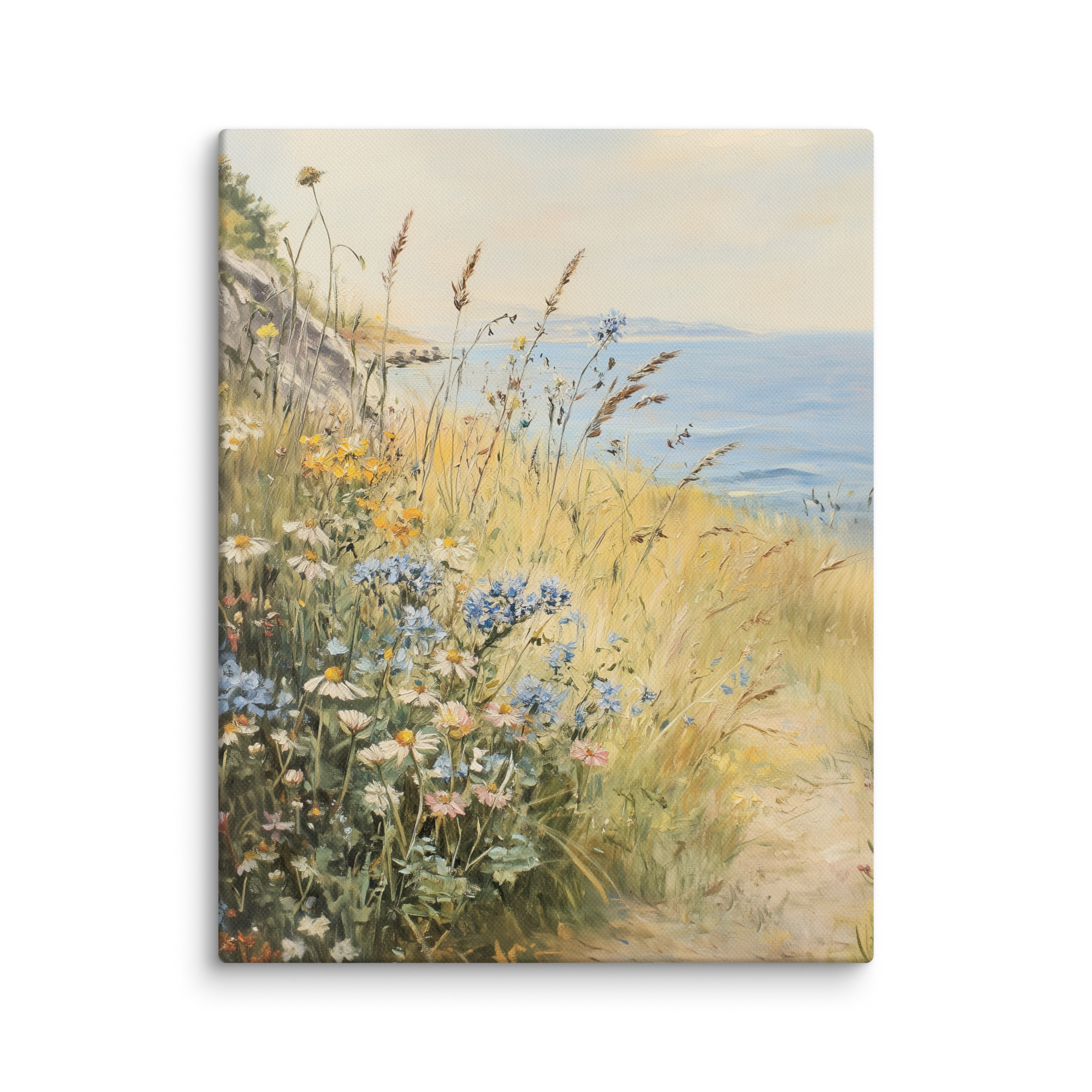 Leinwandbild mit Küstenwildblumen | Vintage-Meereswiesen-Design | Botanische Strandhaus-Dekoration, blau-gelbe Blumendekoration