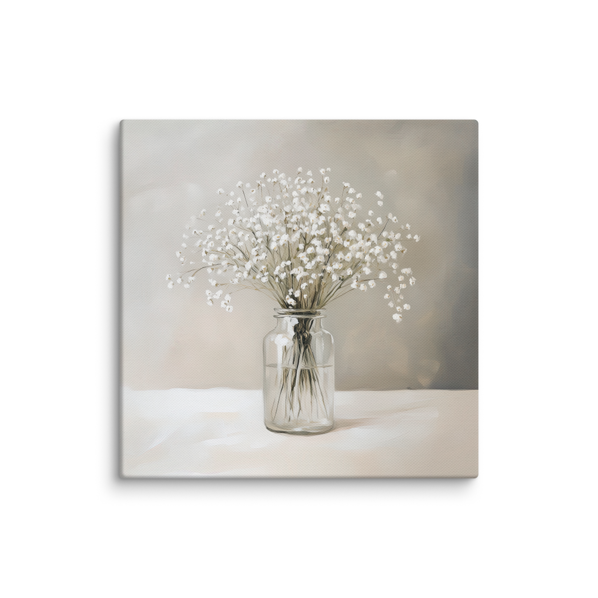 Leinwandbild mit Schleierkraut-Motiv | Neutraler Blumendruck | Beruhigende grau-weiße Dekoration
