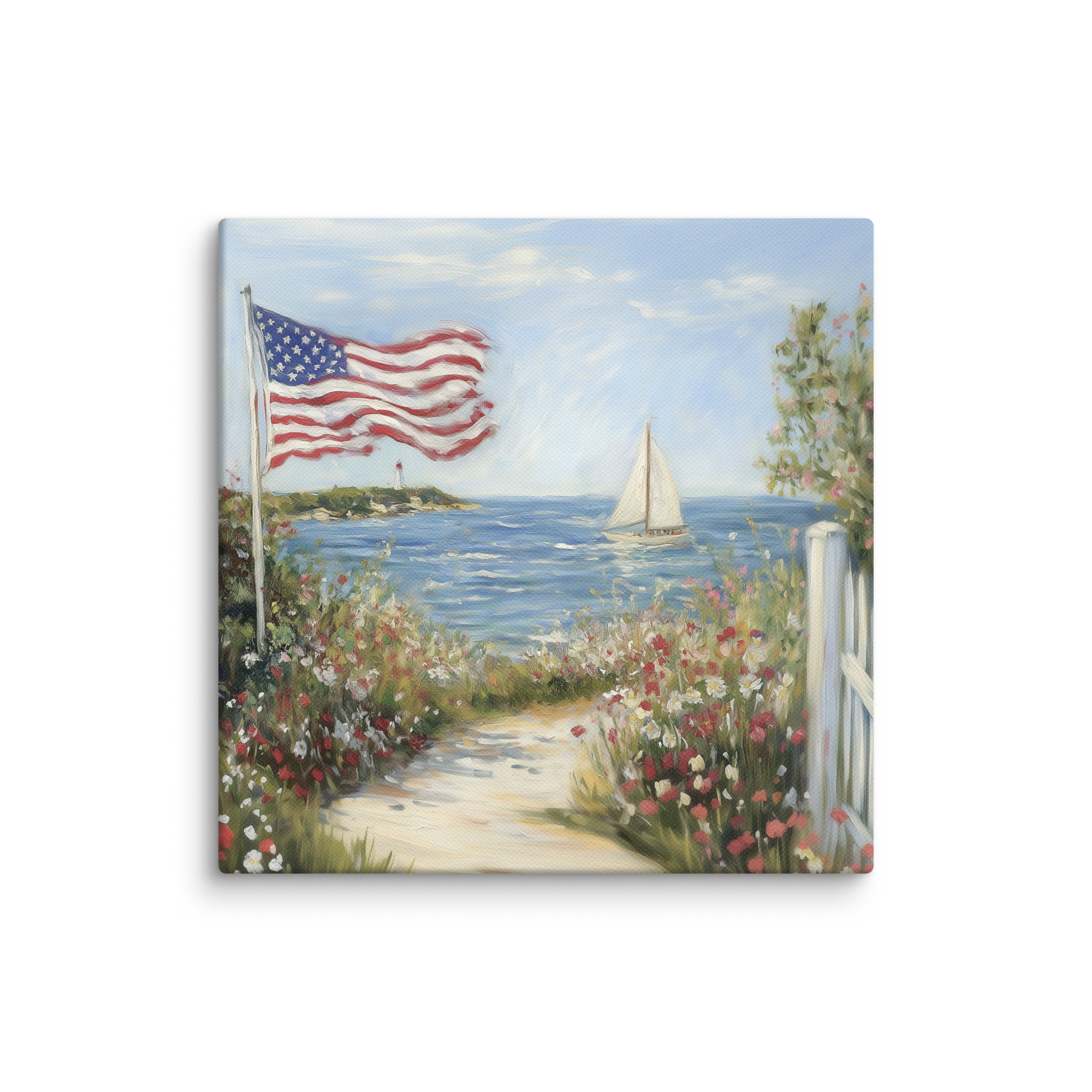 Patriotisches Wandbild im Küstenstil | Segelboot mit amerikanischer Flagge und Leuchtturm | Sommerdeko zum 4. Juli