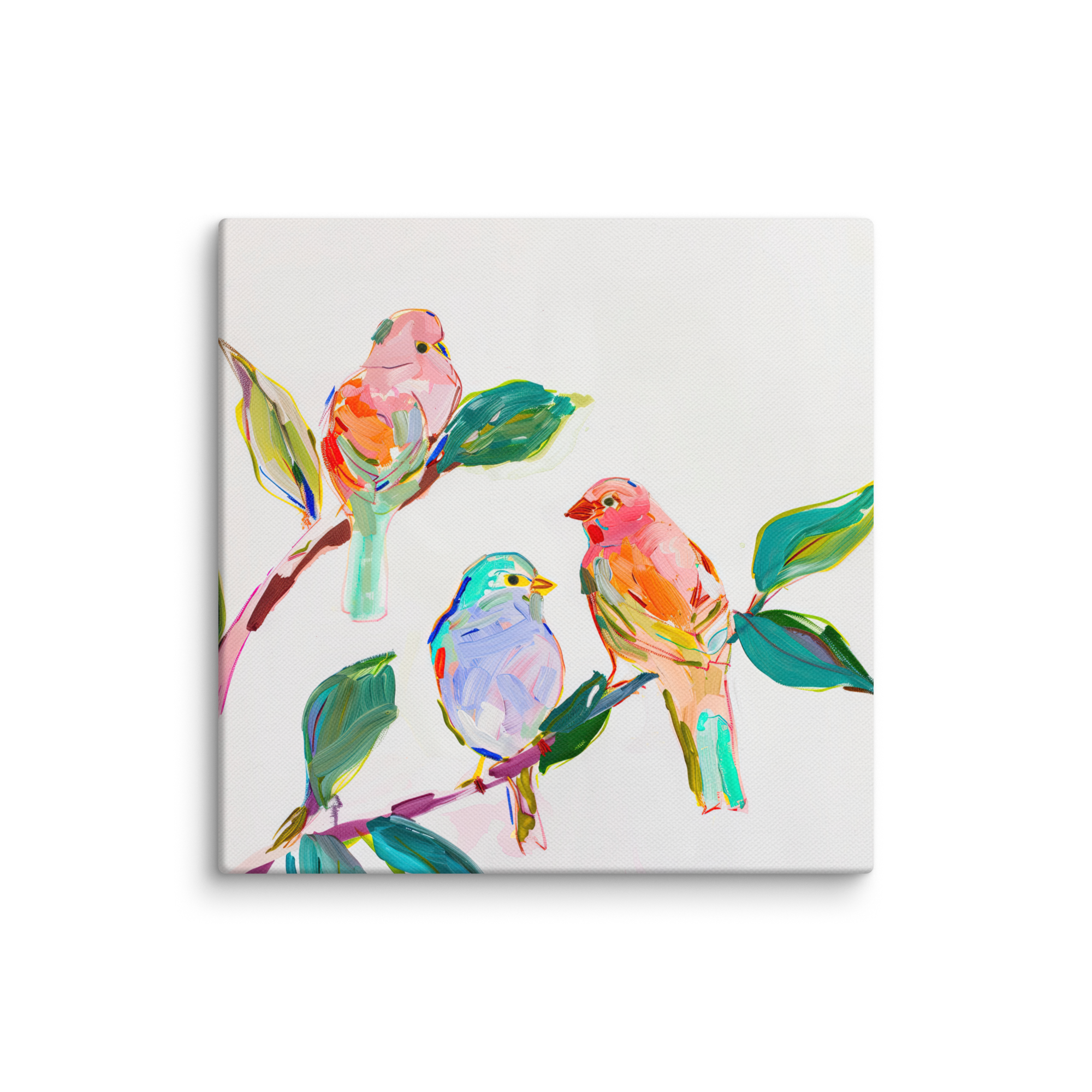 Leinwandbild mit Wildvögeln | Farbenfrohe Singvögel auf einem Ast | Lebendiges Naturdeko-Geschenk