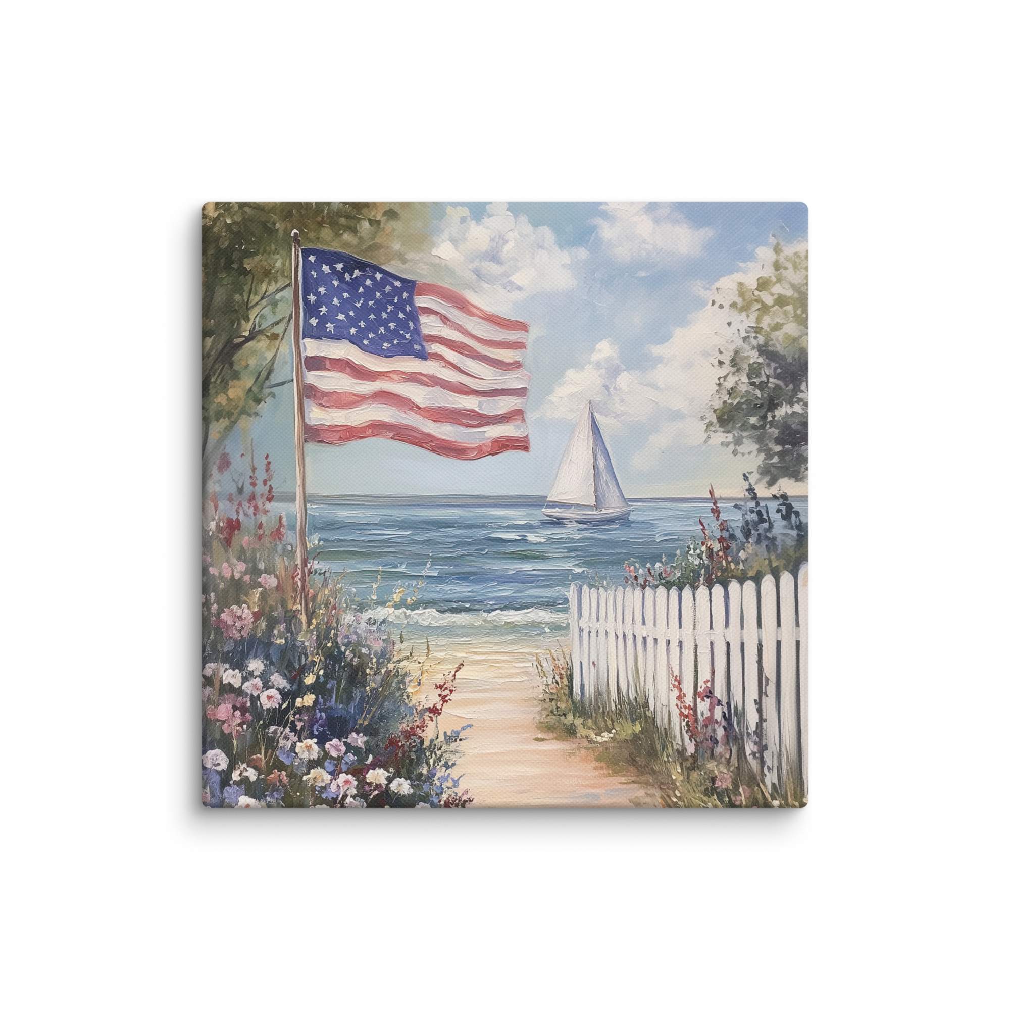 Leinwandbild mit amerikanischer Flagge und Küstenmotiv – Segelboot, patriotische Sommerblume, weißer Lattenzaun, rustikales Strandmotiv zum 4. Juli