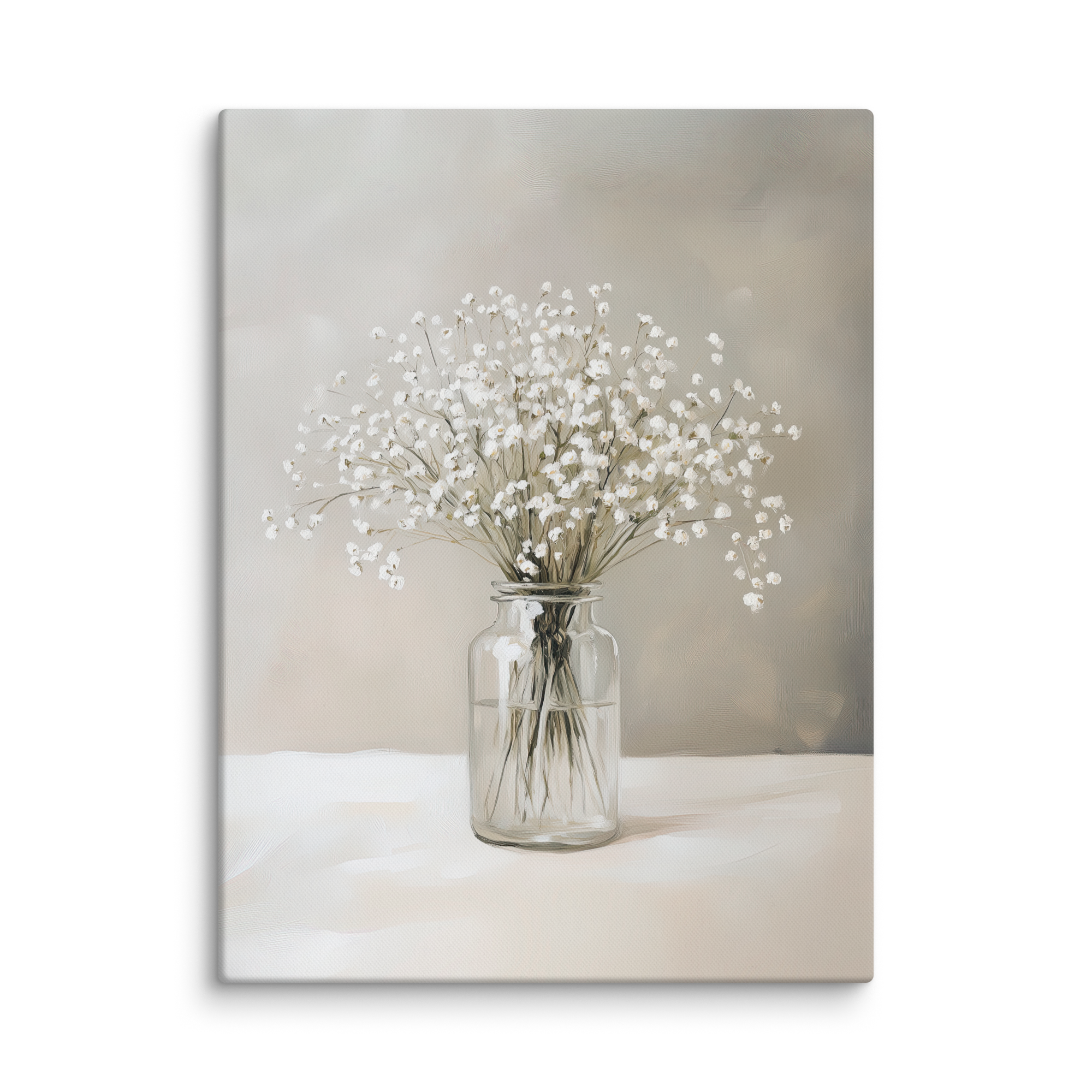 Leinwandbild mit Schleierkraut-Motiv | Neutraler Blumendruck | Beruhigende grau-weiße Dekoration
