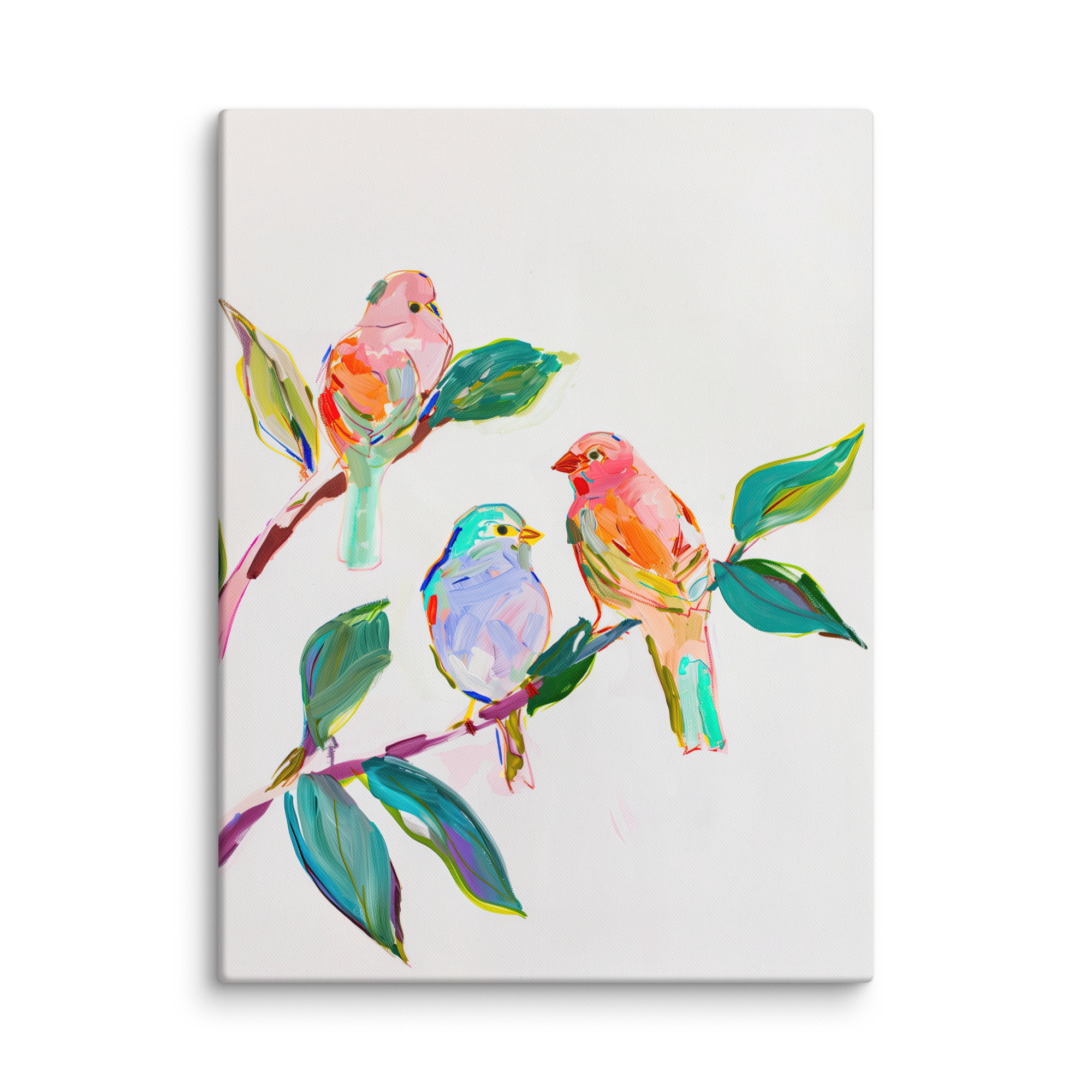 Leinwandbild mit Wildvögeln | Farbenfrohe Singvögel auf einem Ast | Lebendiges Naturdeko-Geschenk