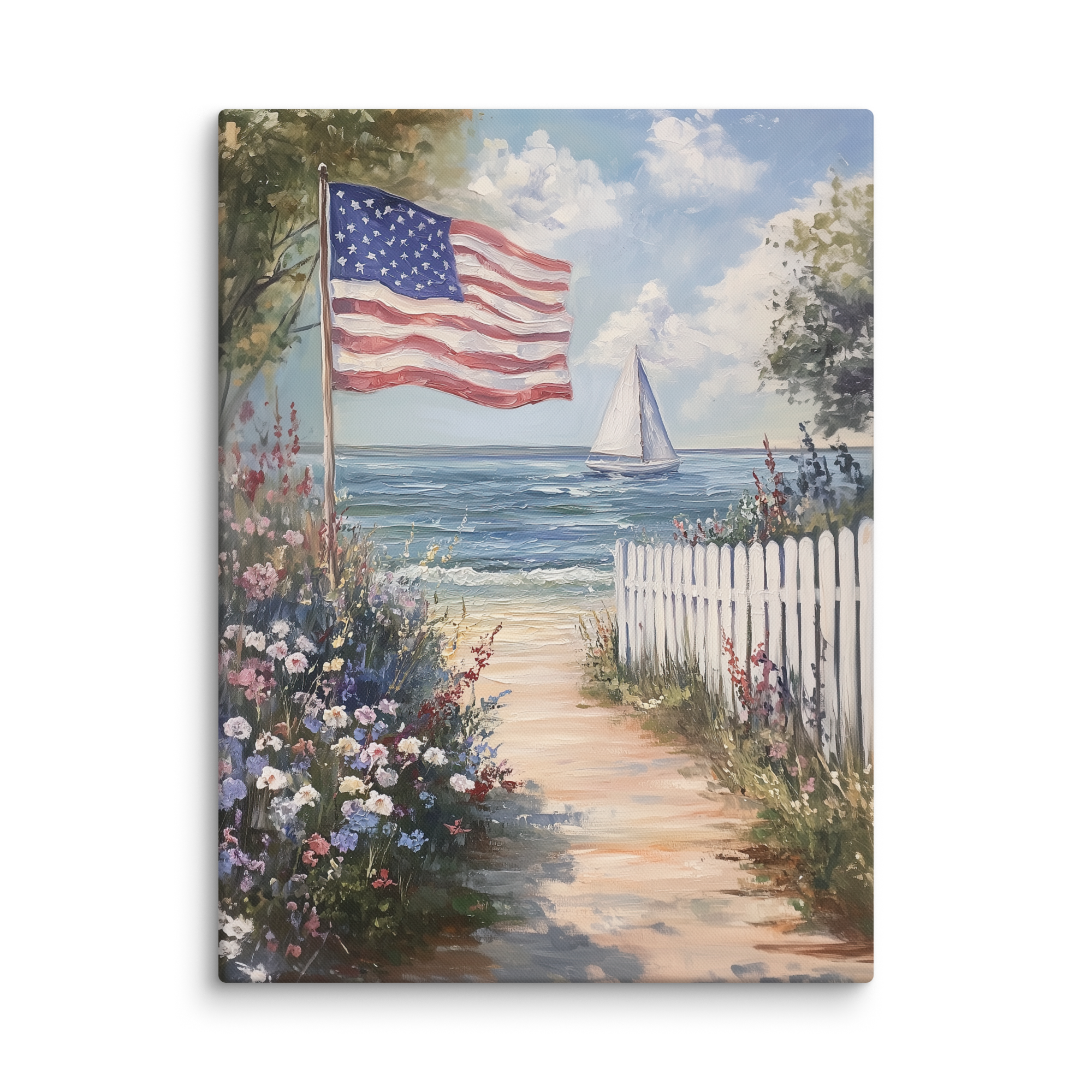 Leinwandbild mit amerikanischer Flagge und Küstenmotiv – Segelboot, patriotische Sommerblume, weißer Lattenzaun, rustikales Strandmotiv zum 4. Juli