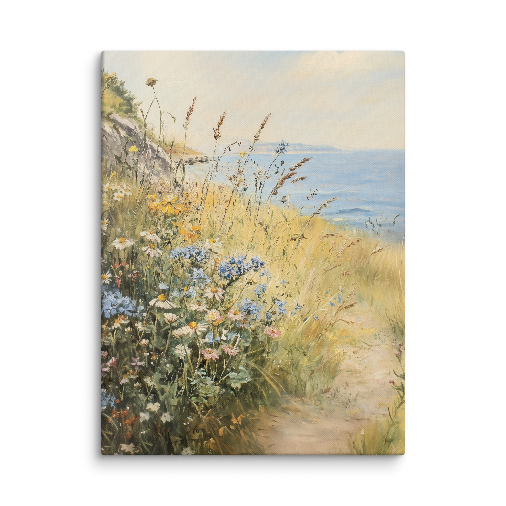 Leinwandbild mit Küstenwildblumen | Vintage-Meereswiesen-Design | Botanische Strandhaus-Dekoration, blau-gelbe Blumendekoration