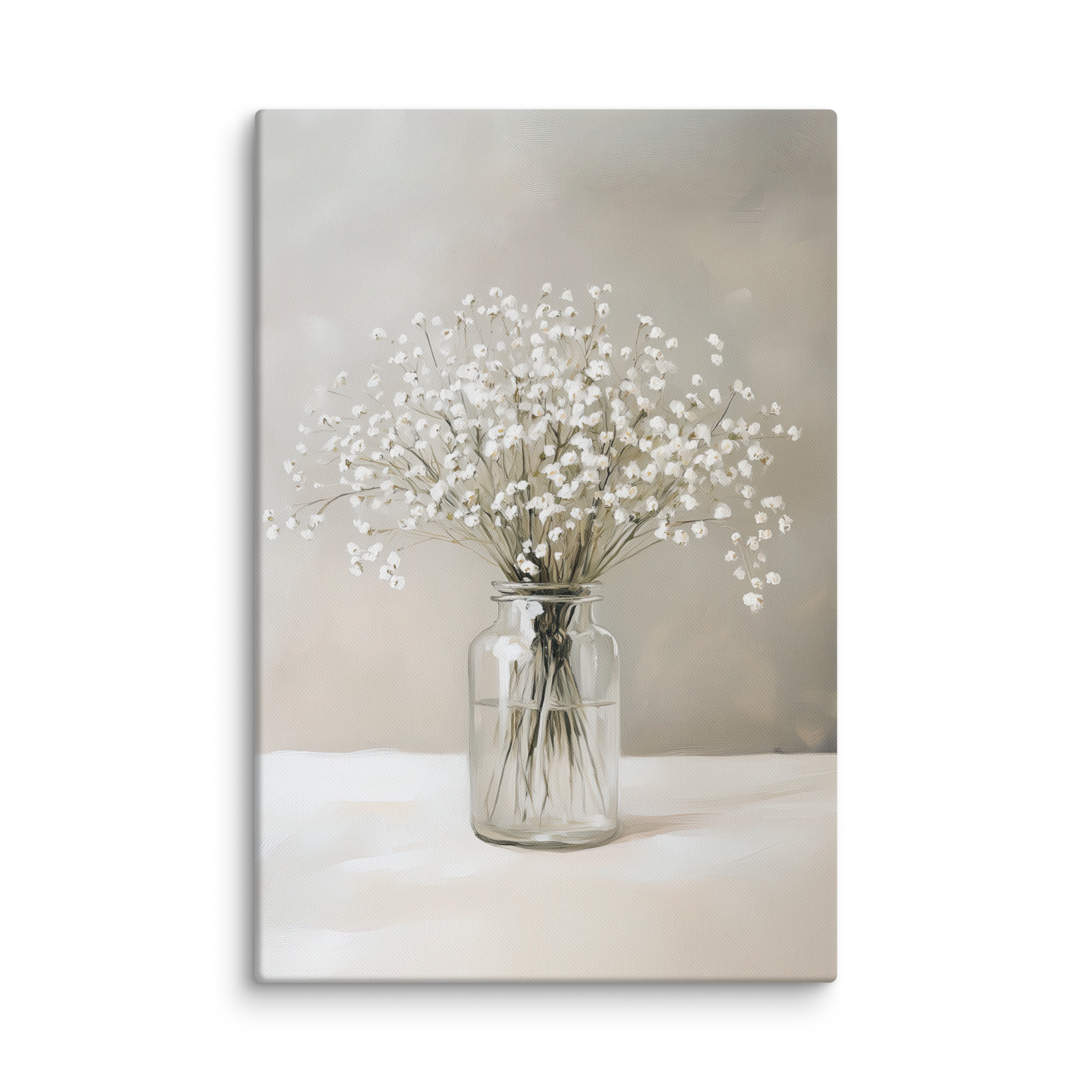 Leinwandbild mit Schleierkraut-Motiv | Neutraler Blumendruck | Beruhigende grau-weiße Dekoration