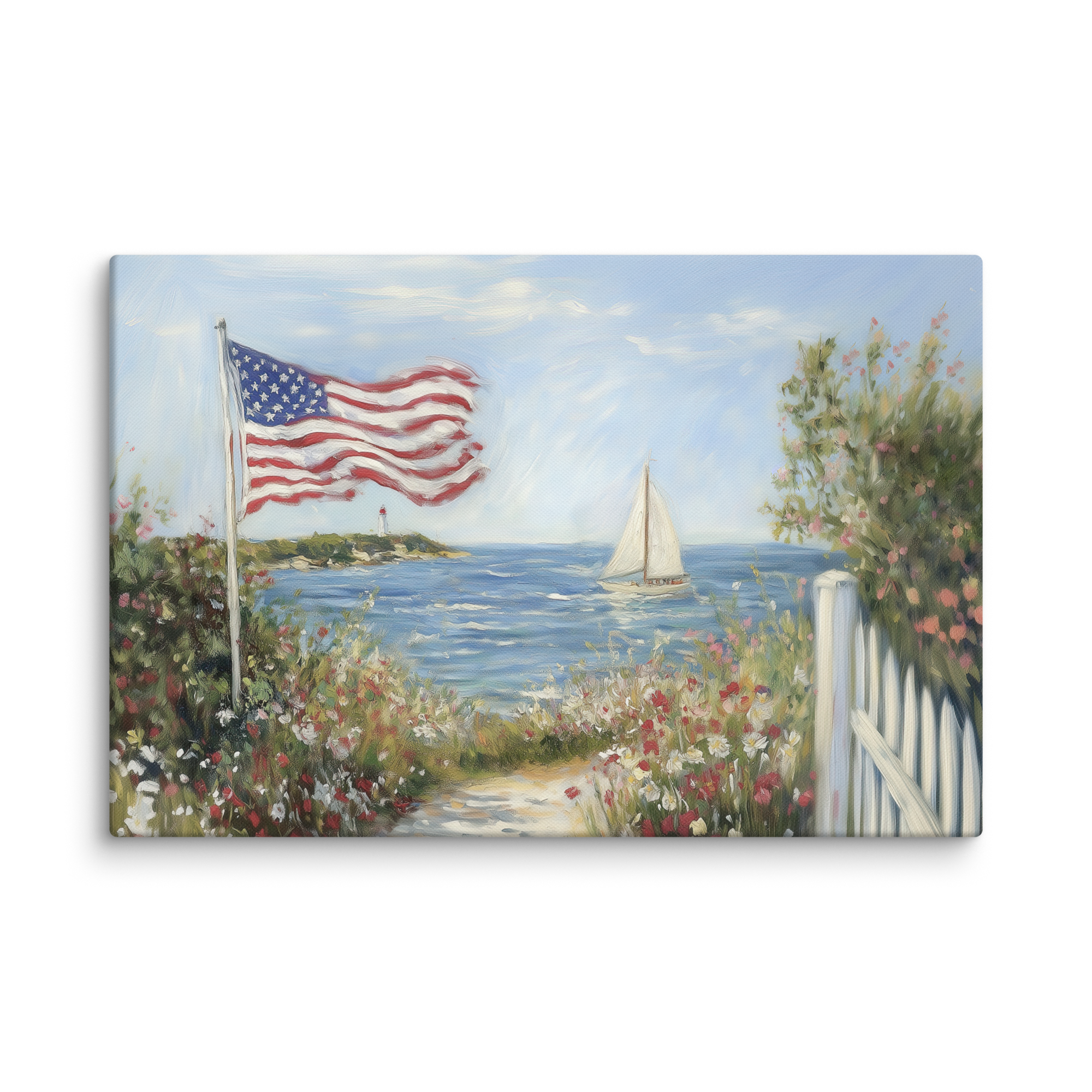 Patriotisches Wandbild im Küstenstil | Segelboot mit amerikanischer Flagge und Leuchtturm | Sommerdeko zum 4. Juli