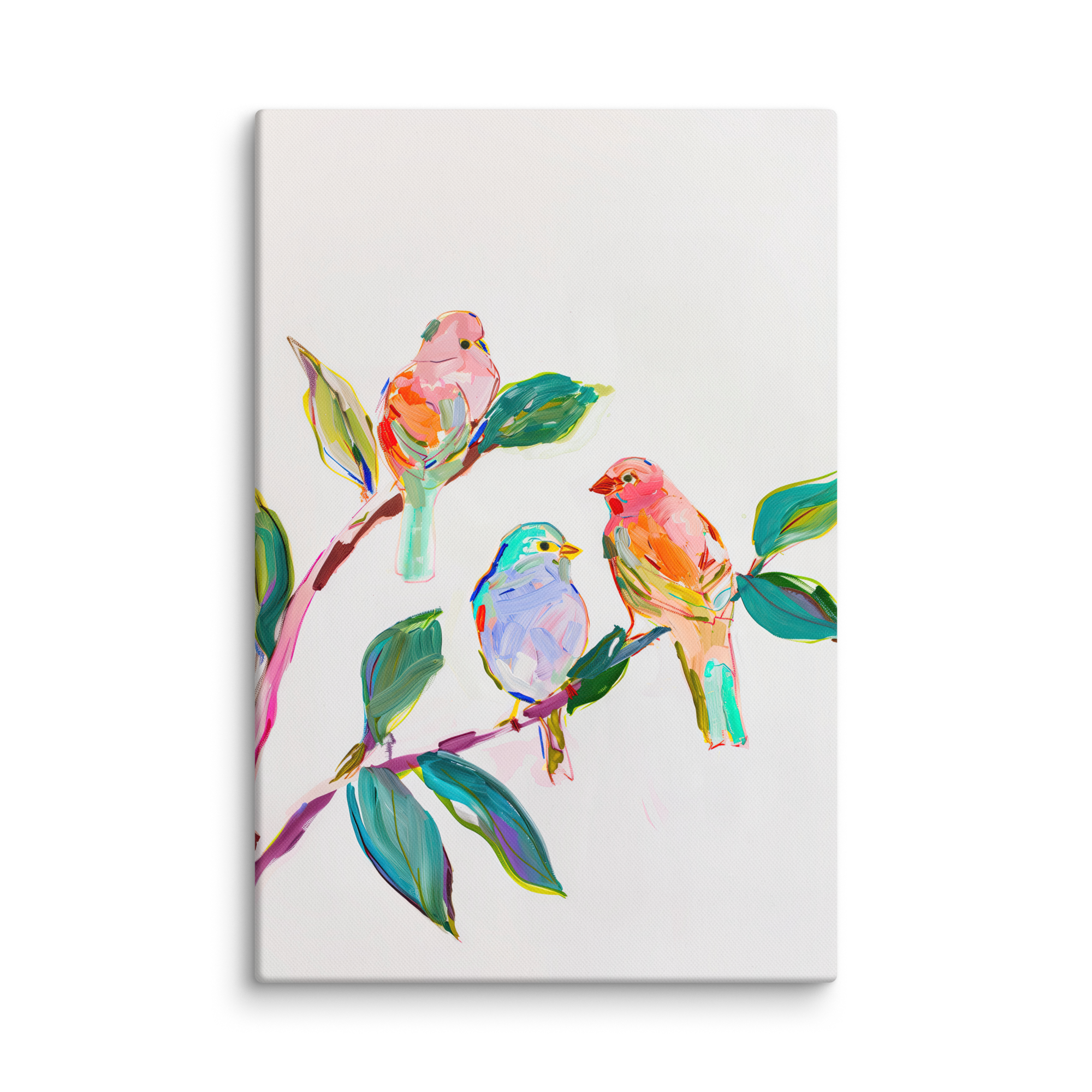 Leinwandbild mit Wildvögeln | Farbenfrohe Singvögel auf einem Ast | Lebendiges Naturdeko-Geschenk