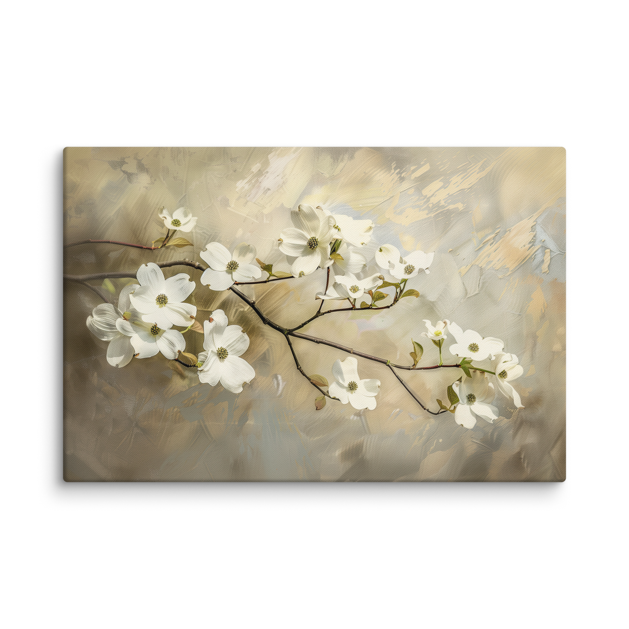 Wandbild mit Hartriegelblüten | Weißes Frühlingsblumendesign | Botanische Vintage-Dekoration im Landhausstil