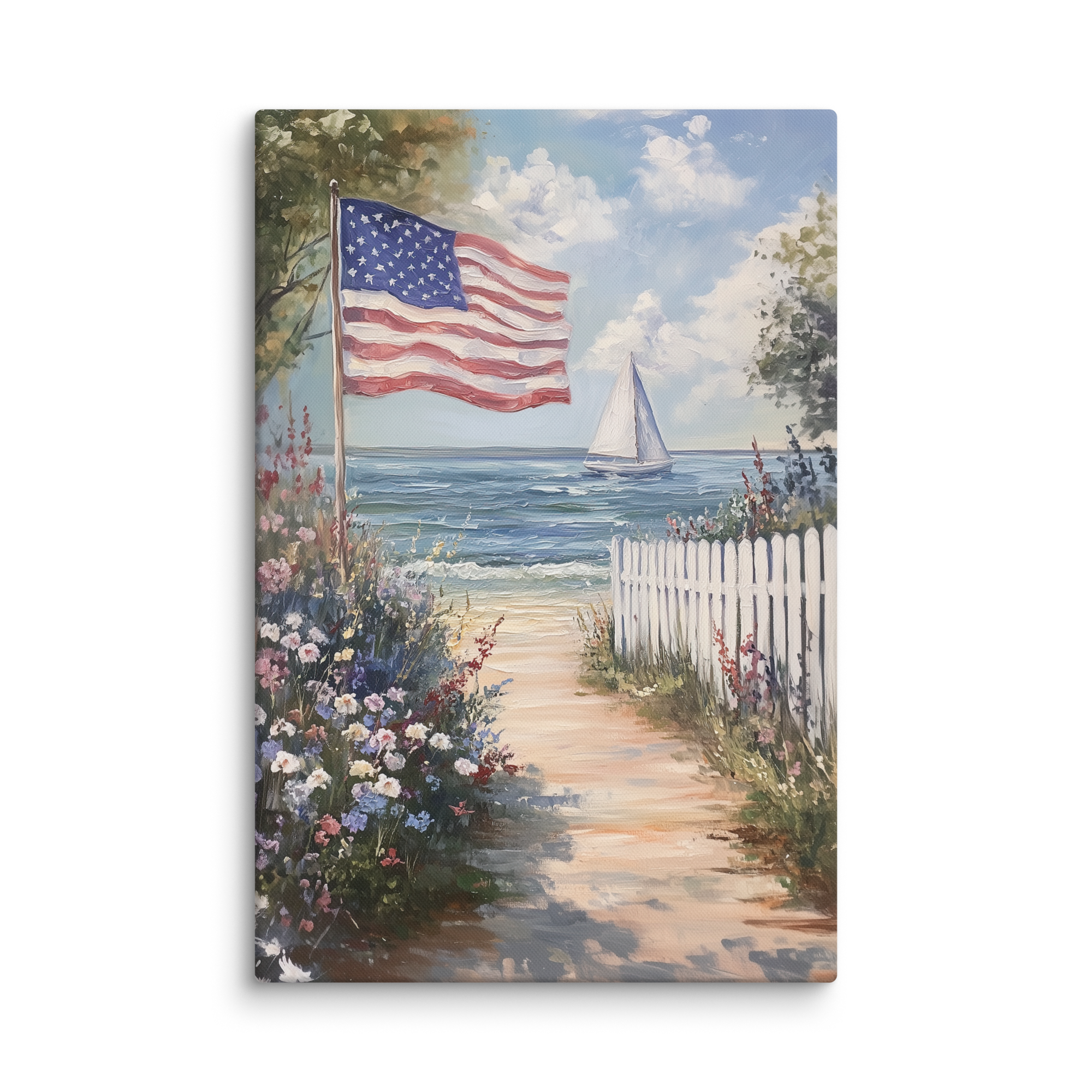 Leinwandbild mit amerikanischer Flagge und Küstenmotiv – Segelboot, patriotische Sommerblume, weißer Lattenzaun, rustikales Strandmotiv zum 4. Juli