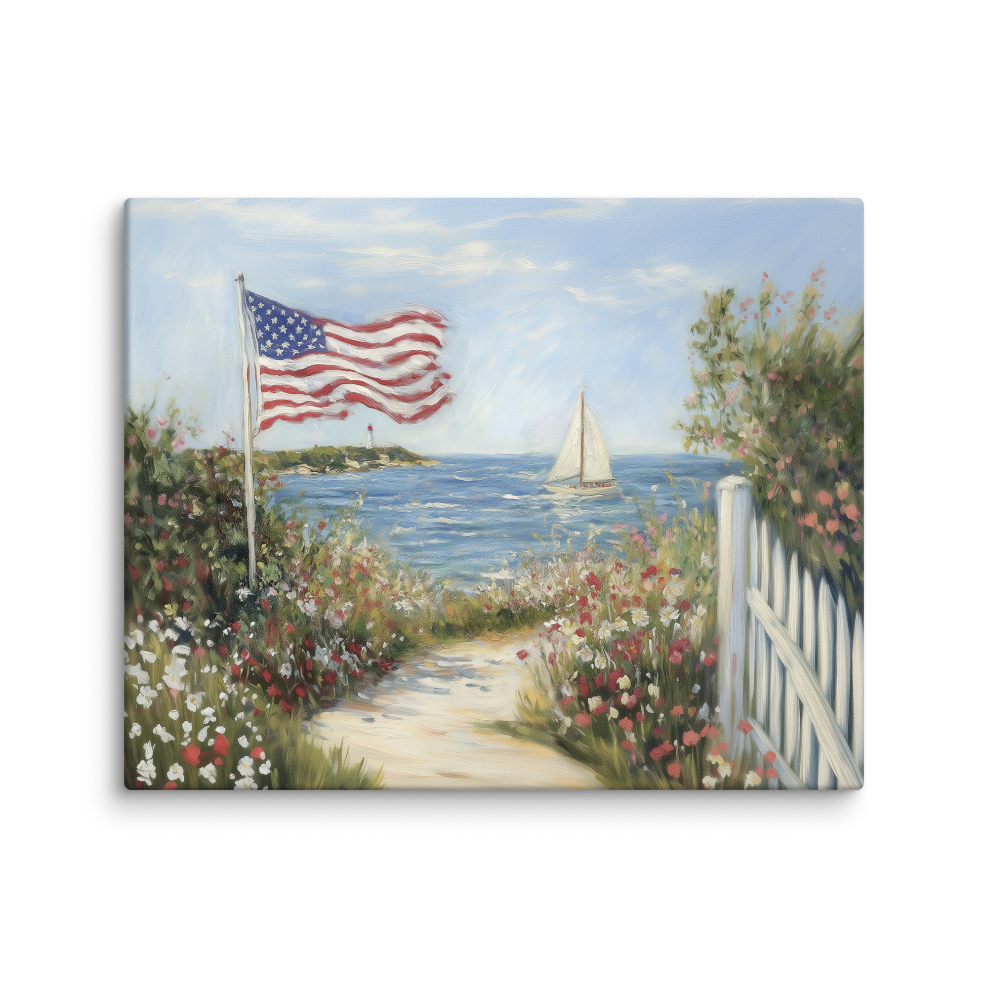 Patriotisches Wandbild im Küstenstil | Segelboot mit amerikanischer Flagge und Leuchtturm | Sommerdeko zum 4. Juli