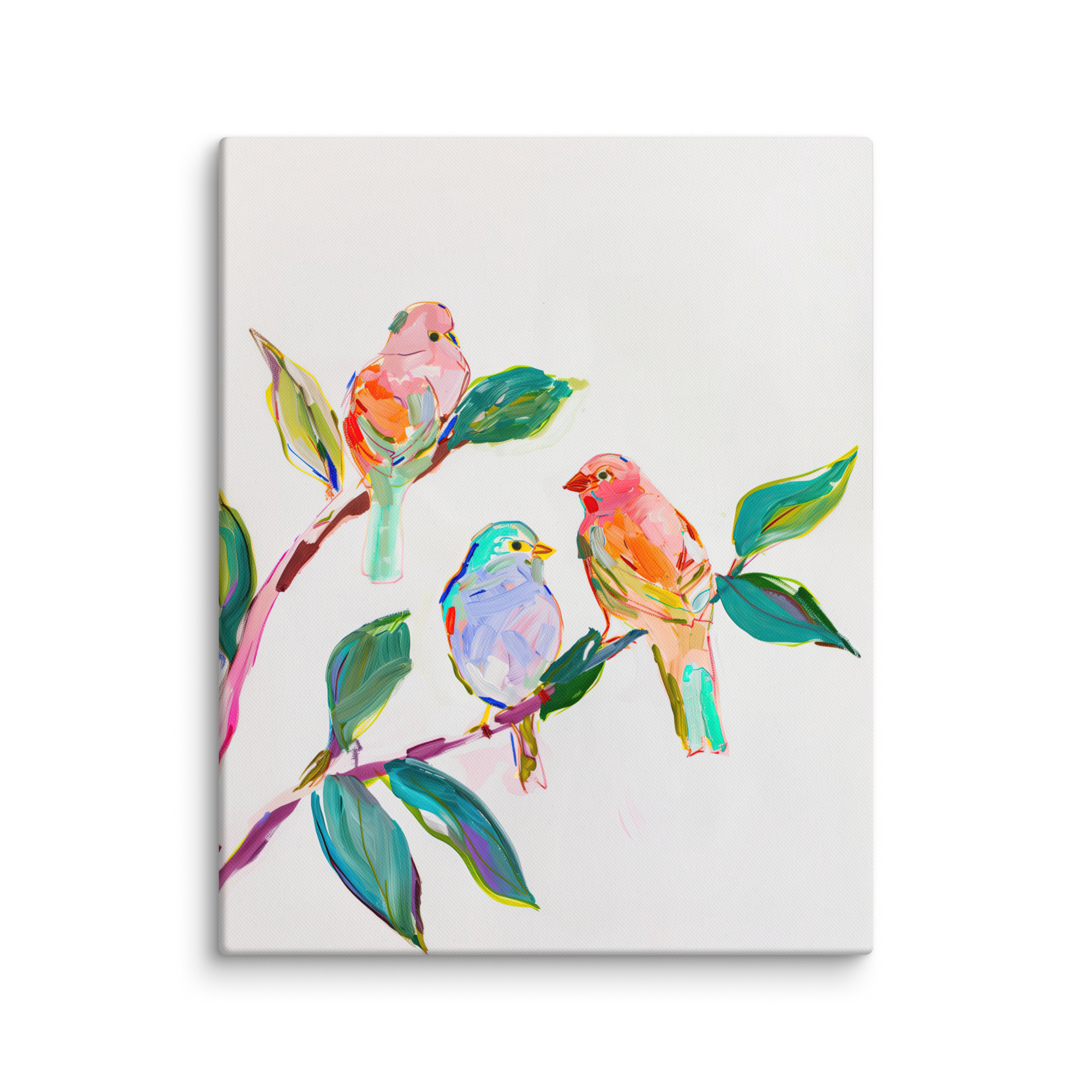 Leinwandbild mit Wildvögeln | Farbenfrohe Singvögel auf einem Ast | Lebendiges Naturdeko-Geschenk