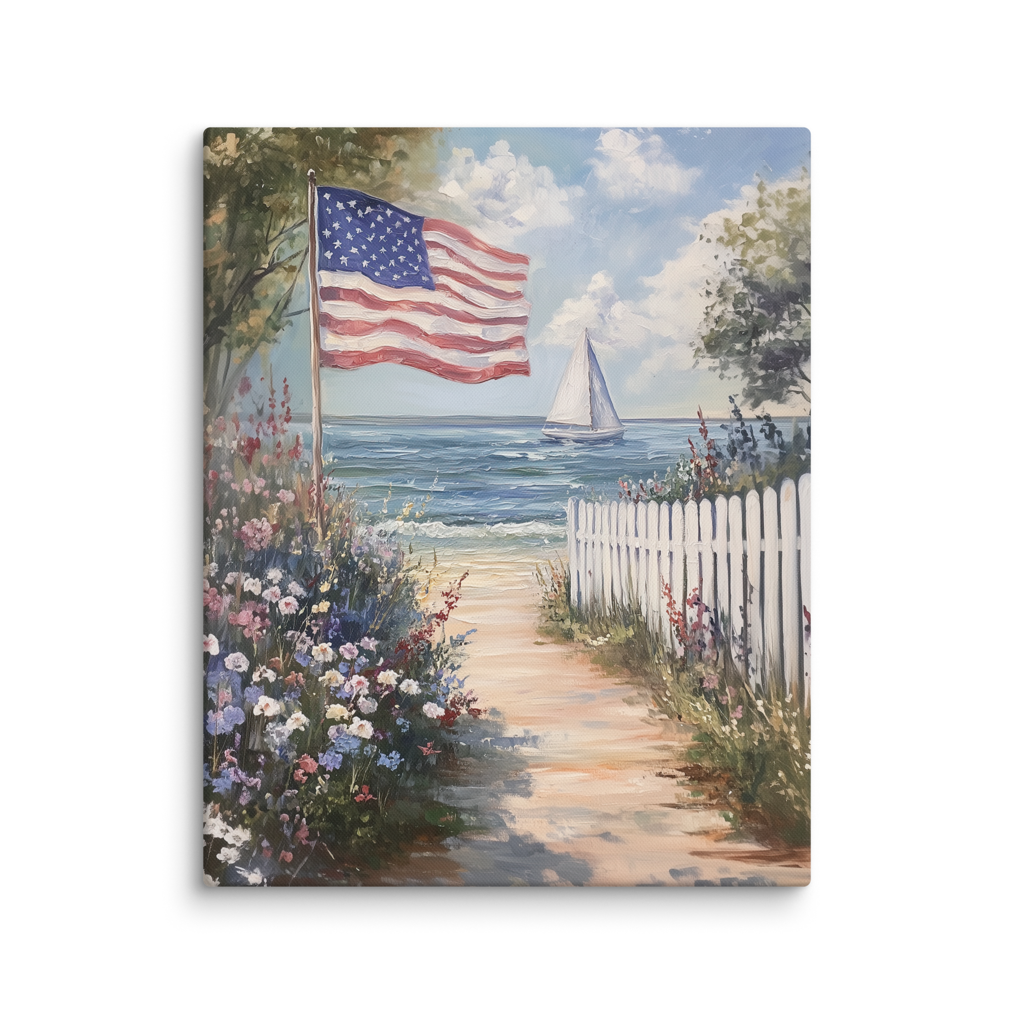 Leinwandbild mit amerikanischer Flagge und Küstenmotiv – Segelboot, patriotische Sommerblume, weißer Lattenzaun, rustikales Strandmotiv zum 4. Juli