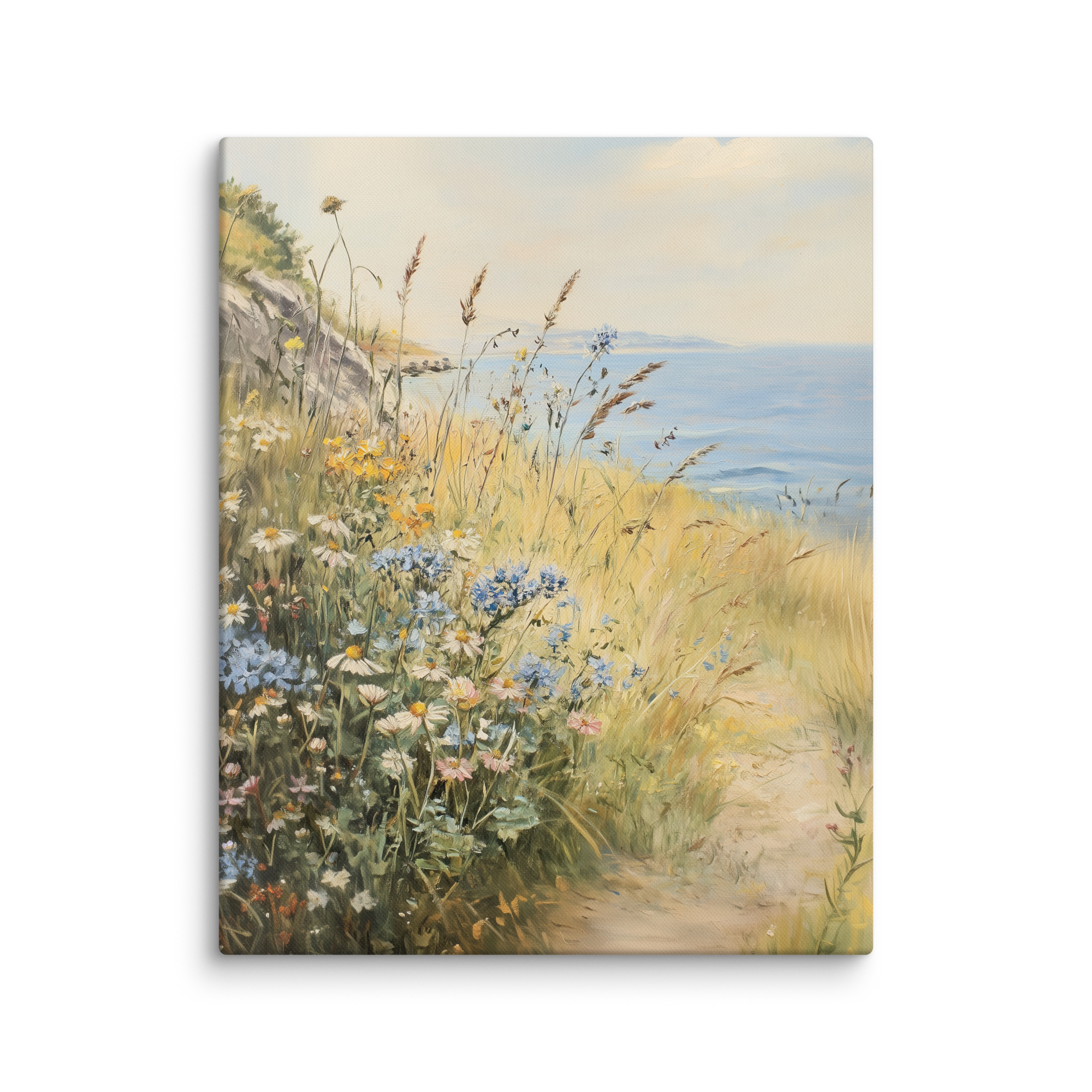 Leinwandbild mit Küstenwildblumen | Vintage-Meereswiesen-Design | Botanische Strandhaus-Dekoration, blau-gelbe Blumendekoration
