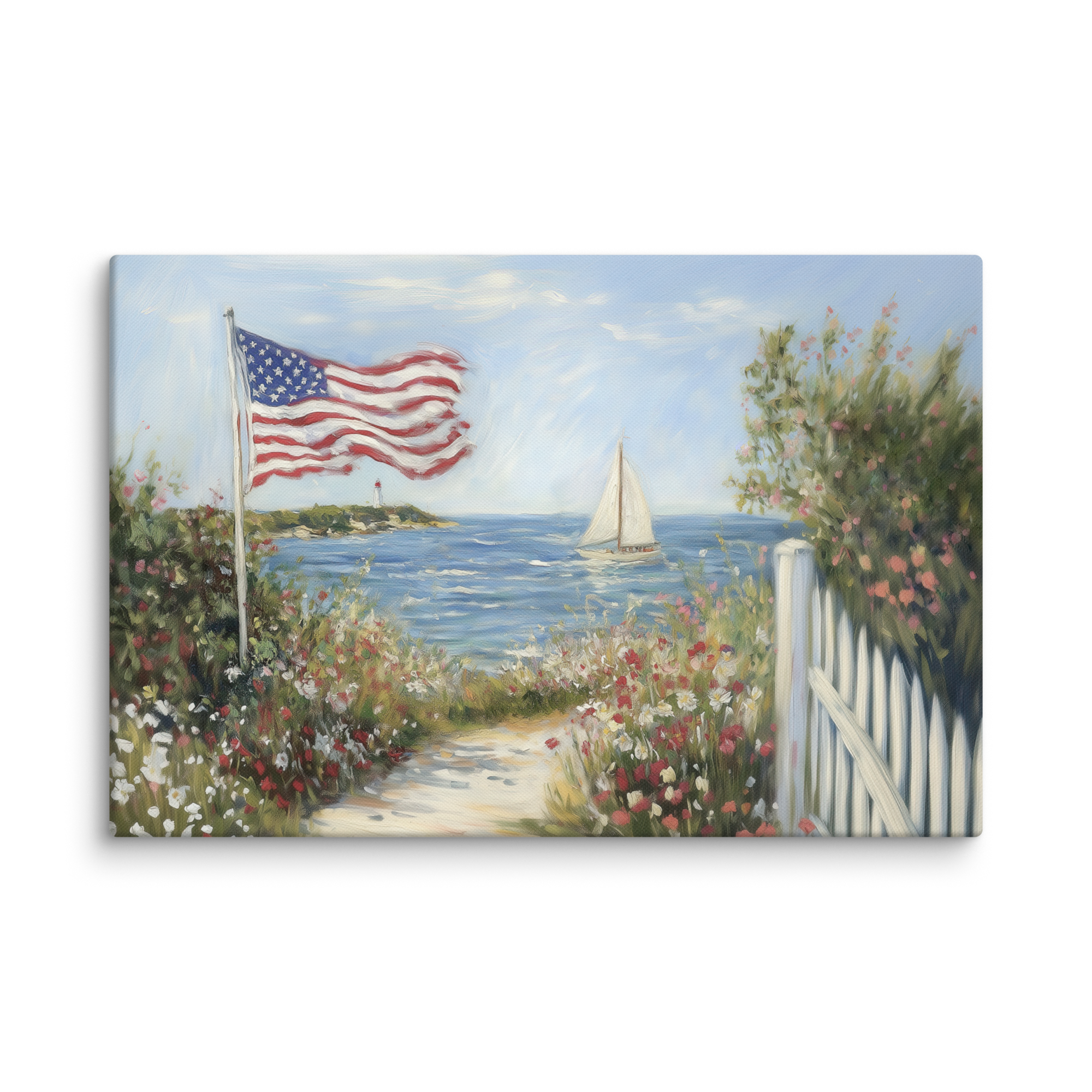 Patriotisches Wandbild im Küstenstil | Segelboot mit amerikanischer Flagge und Leuchtturm | Sommerdeko zum 4. Juli