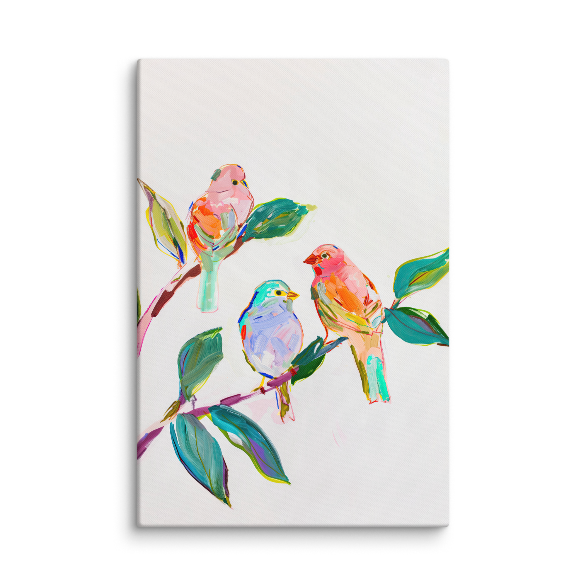 Leinwandbild mit Wildvögeln | Farbenfrohe Singvögel auf einem Ast | Lebendiges Naturdeko-Geschenk