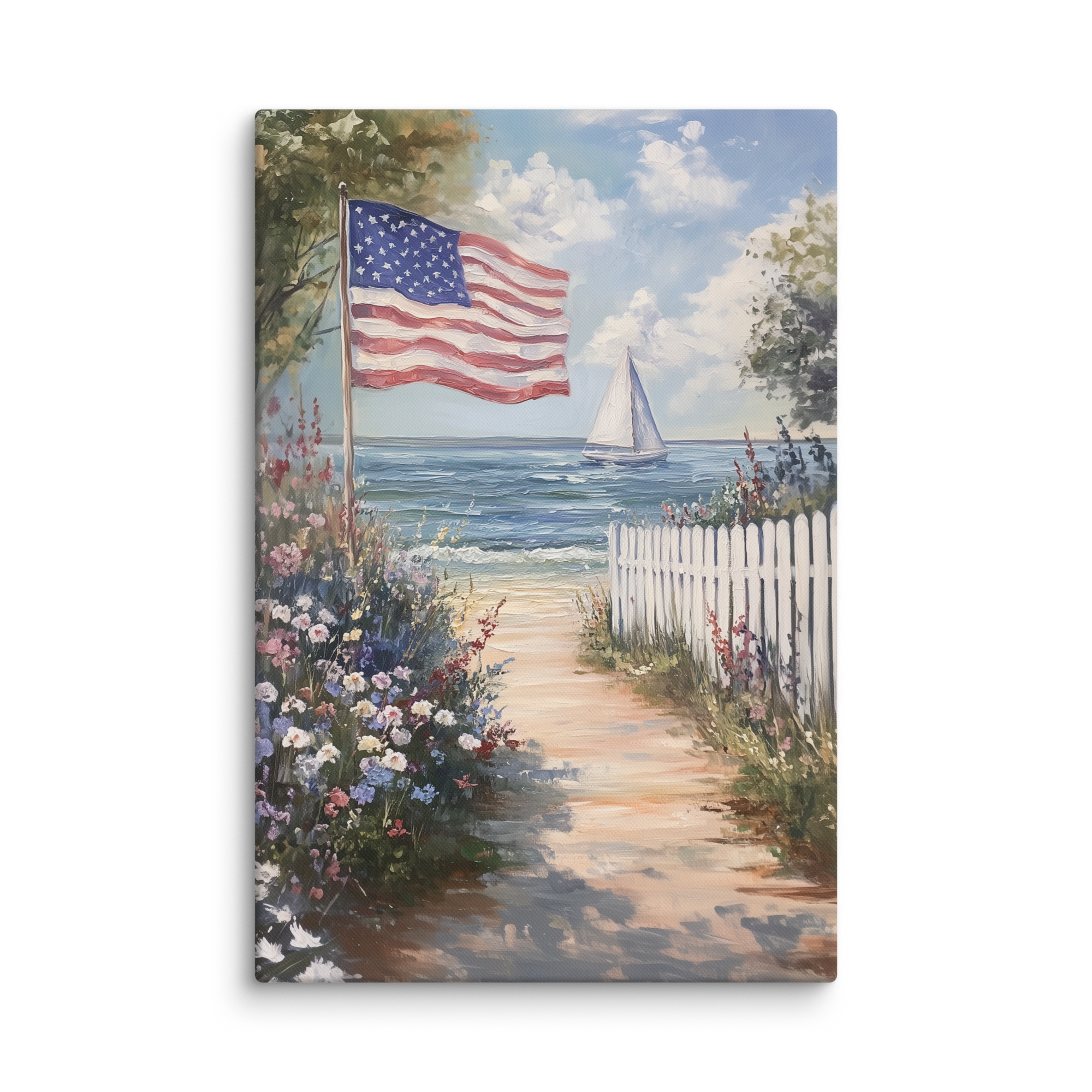 Leinwandbild mit amerikanischer Flagge und Küstenmotiv – Segelboot, patriotische Sommerblume, weißer Lattenzaun, rustikales Strandmotiv zum 4. Juli