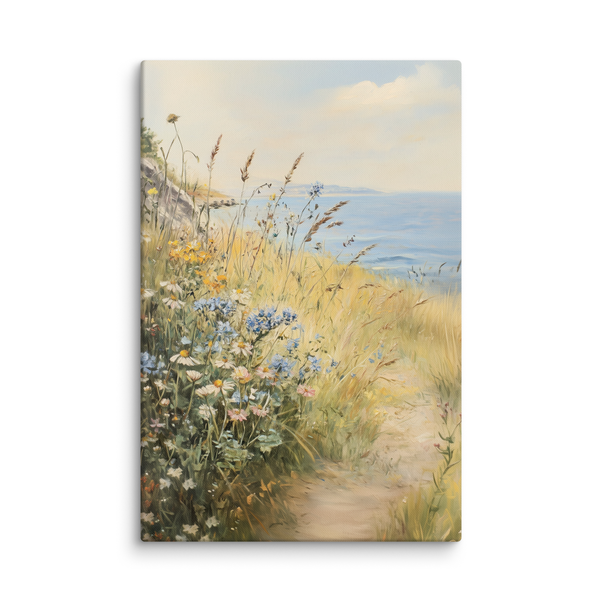 Leinwandbild mit Küstenwildblumen | Vintage-Meereswiesen-Design | Botanische Strandhaus-Dekoration, blau-gelbe Blumendekoration