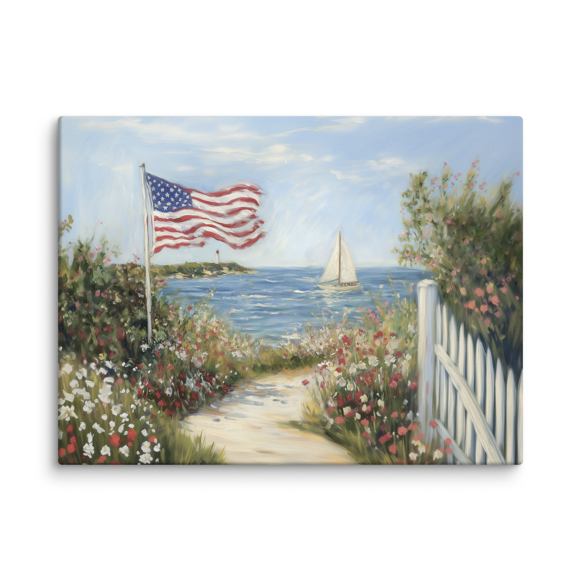 Patriotisches Wandbild im Küstenstil | Segelboot mit amerikanischer Flagge und Leuchtturm | Sommerdeko zum 4. Juli