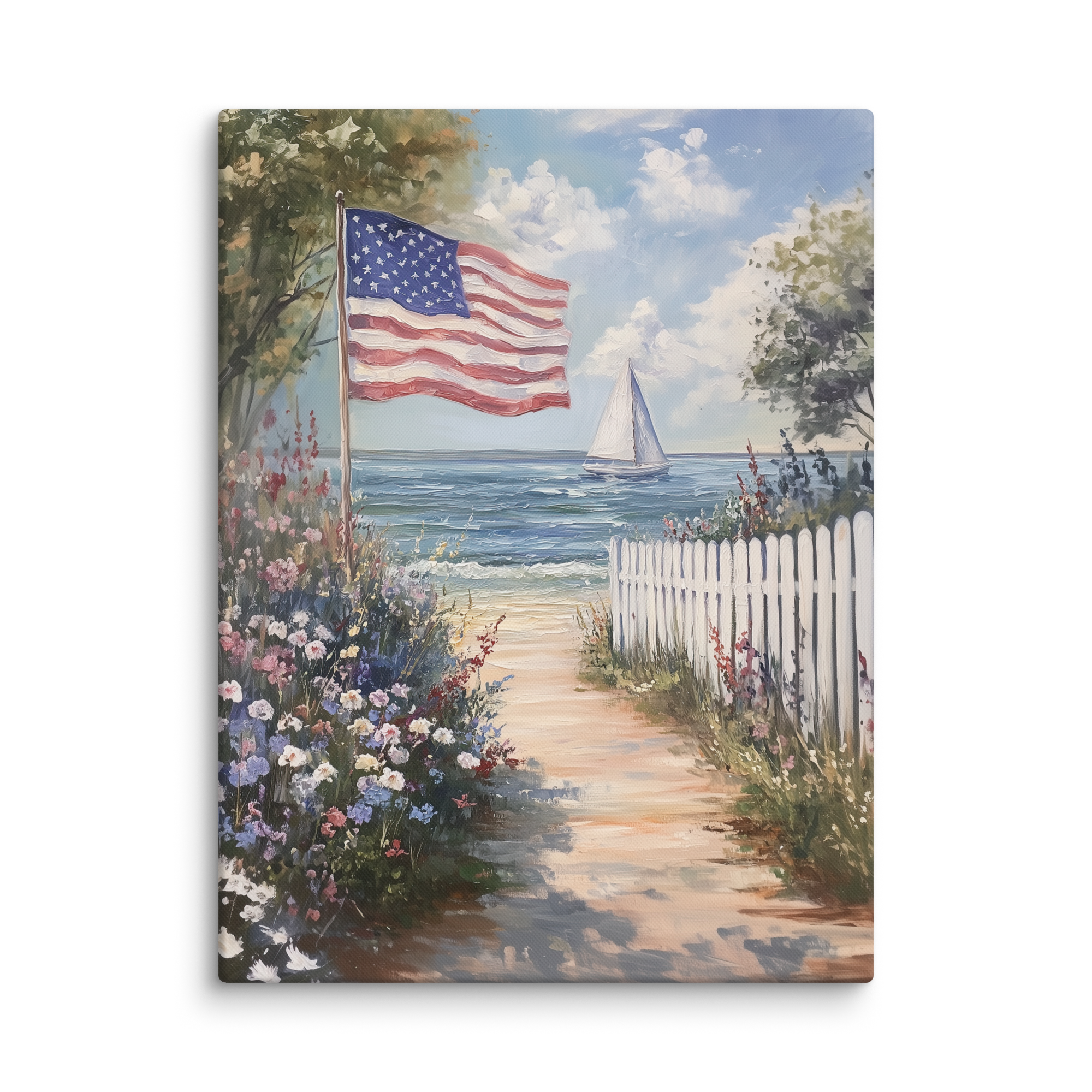 Leinwandbild mit amerikanischer Flagge und Küstenmotiv – Segelboot, patriotische Sommerblume, weißer Lattenzaun, rustikales Strandmotiv zum 4. Juli