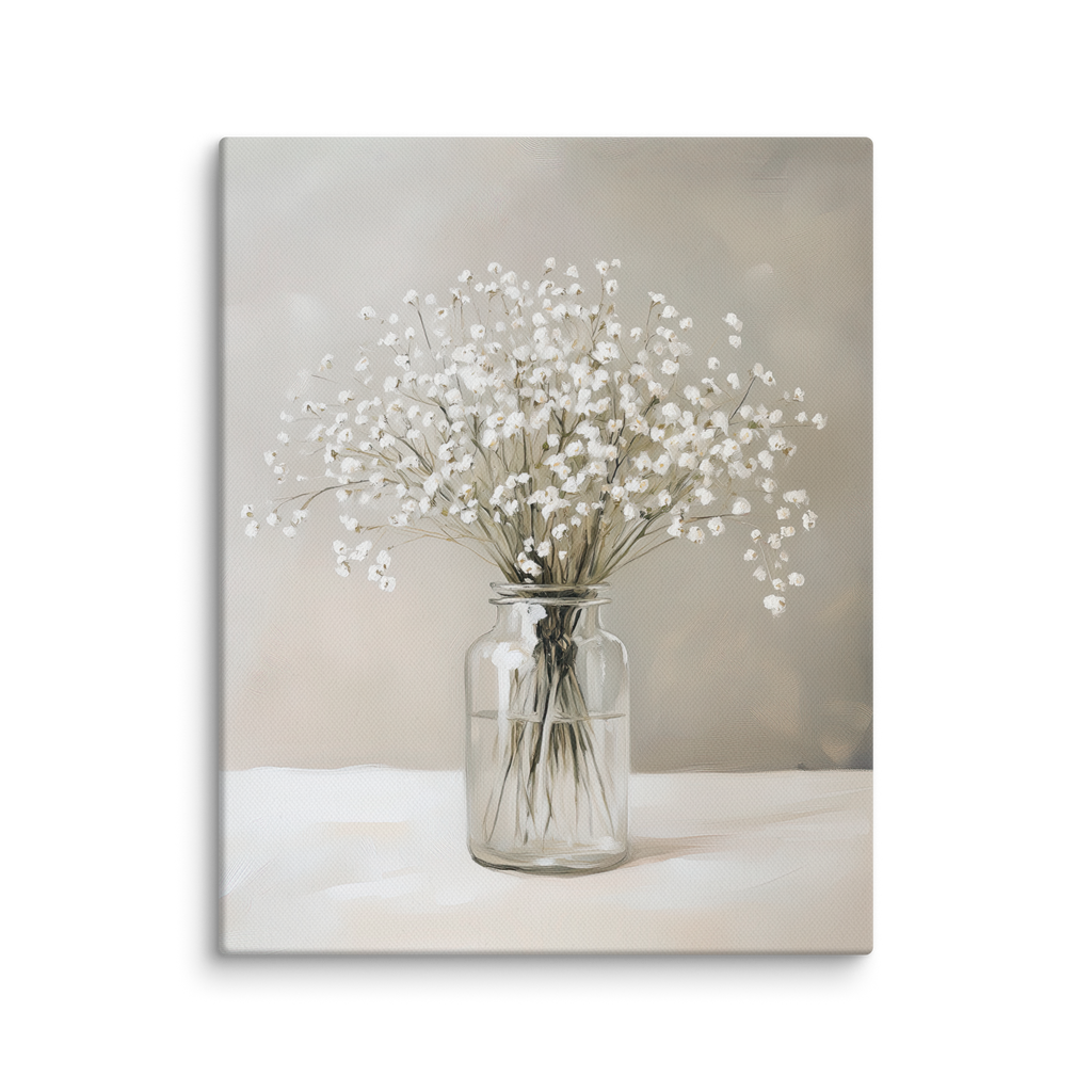 Leinwandbild mit Schleierkraut-Motiv | Neutraler Blumendruck | Beruhigende grau-weiße Dekoration